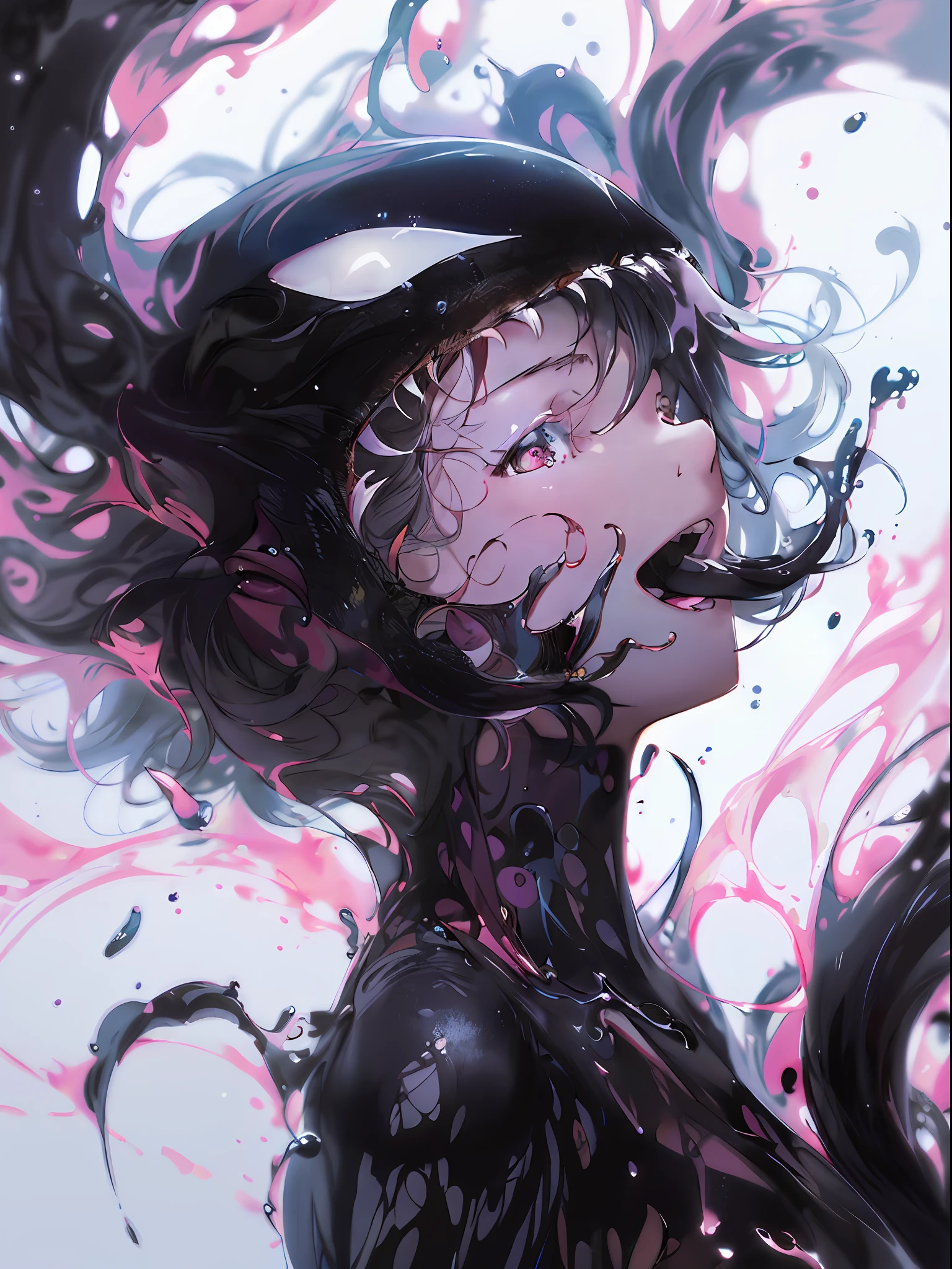 anime girl with black and pink hair and a black and white hat, inspired by Yanjun Cheng, Detailed digital anime art, Guviz-style artwork, Guviz, character is covered in liquid, Guweiz on ArtStation Pixiv, Guweiz in Pixiv ArtStation, Anime art wallpaper 4 K, Anime art wallpaper 4k
