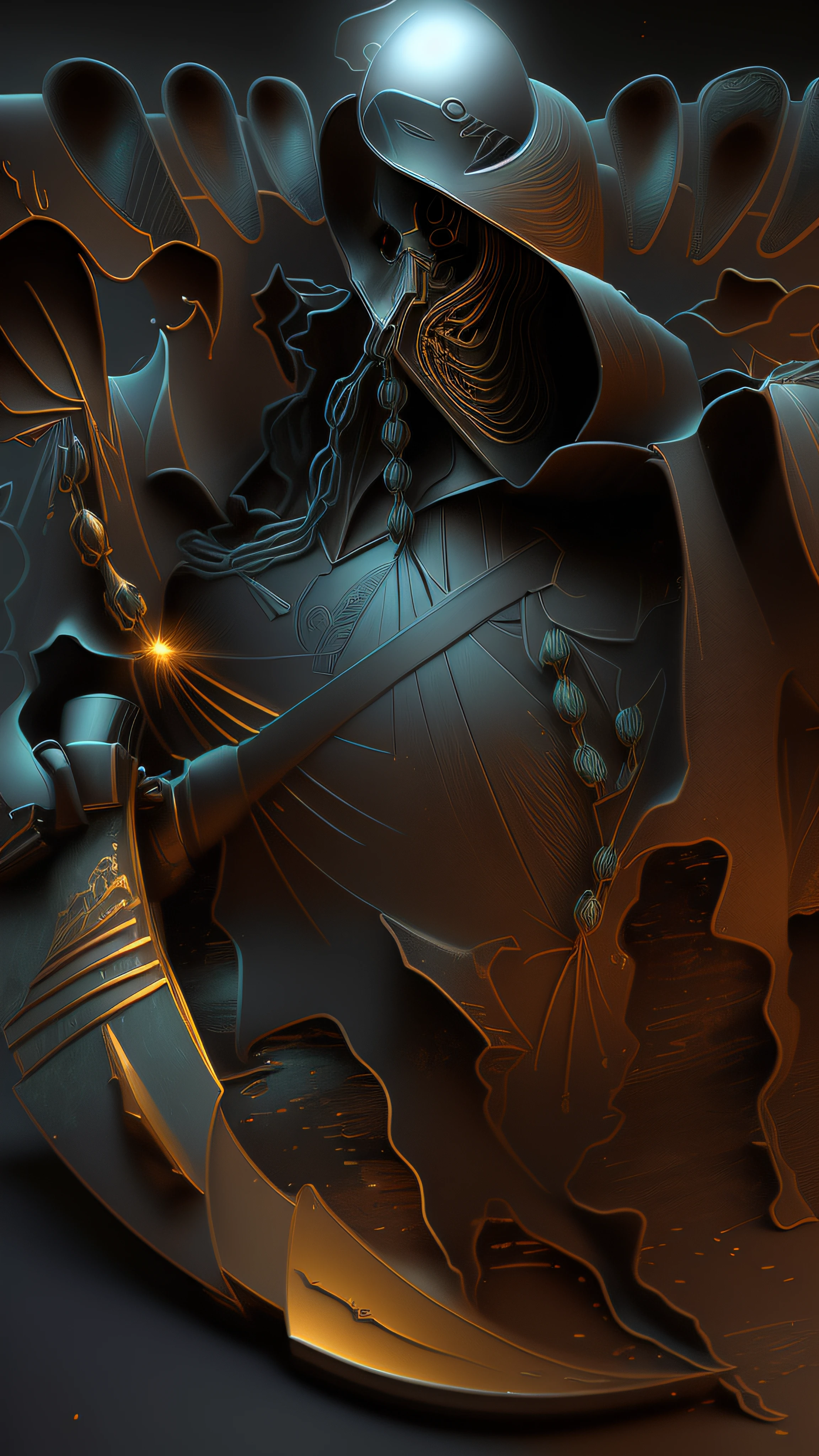 there is a man in a costume holding a sword in a forest, pintado como uma arte conceitual de jogo, arte de fantasia digital 3d detalhada, manto texturizado de tecido antigo medieval, Vencedor do concurso Polycount, arte conceitual estilizada, arte conceitual sombria, arte conceitual acabada, Vencedor do concurso Artstation, cavaleiro morto-vivo, arte conceitual arcana, Epic Fantasy Digital Art Style, representation of Death, foice reluzente, 3D-rendering, Raytraced, ray-traced, Fulgurar, Bokeh, NVIDIA