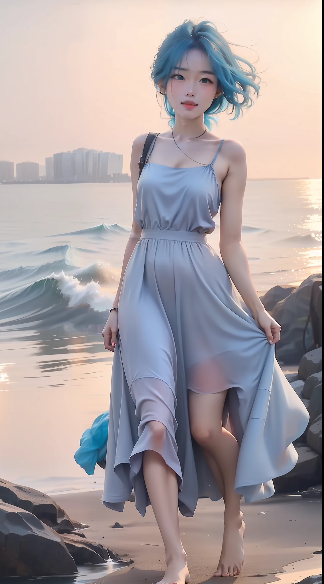 Wearing a light blue long dress,Asian woman with light blue hair and blue eyes。She stood barefoot on a beach,The waves washed her long dress,The long skirt swings with the sea water。The head was slightly raised, and he looked like he wanted to say something,His eyes looked at me with affection。
