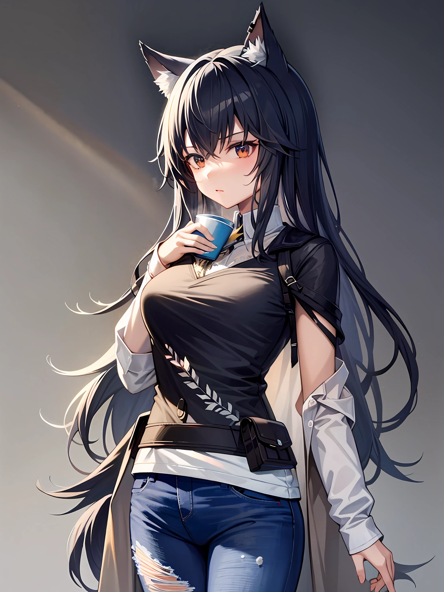 1girl,head,shamare,t-shirt,simple background,torn jeans, holding coffee cup,