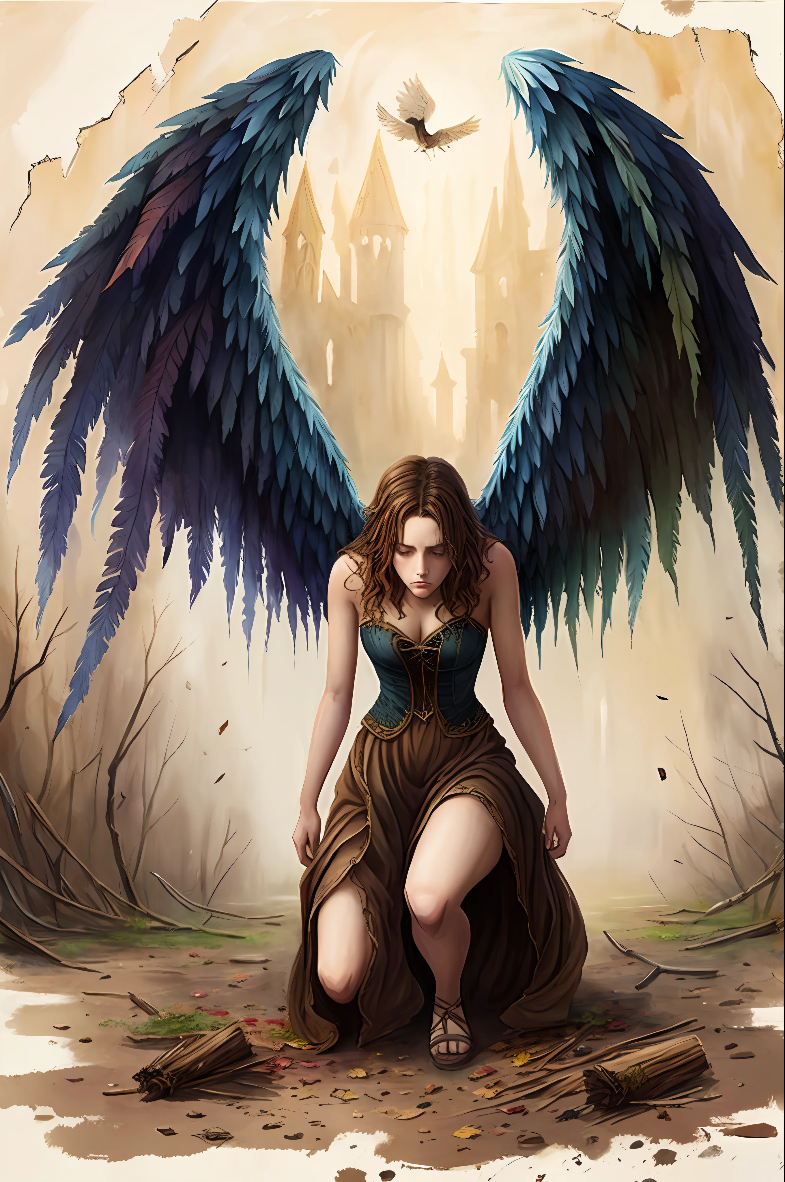 dramatic scene, ink wash, washed out painting, IrisCompiet, dark, earthy colors, desolate, shy fallen angel, falling apart angel wings, on knees, dramatic, (masterpiece, intricate),