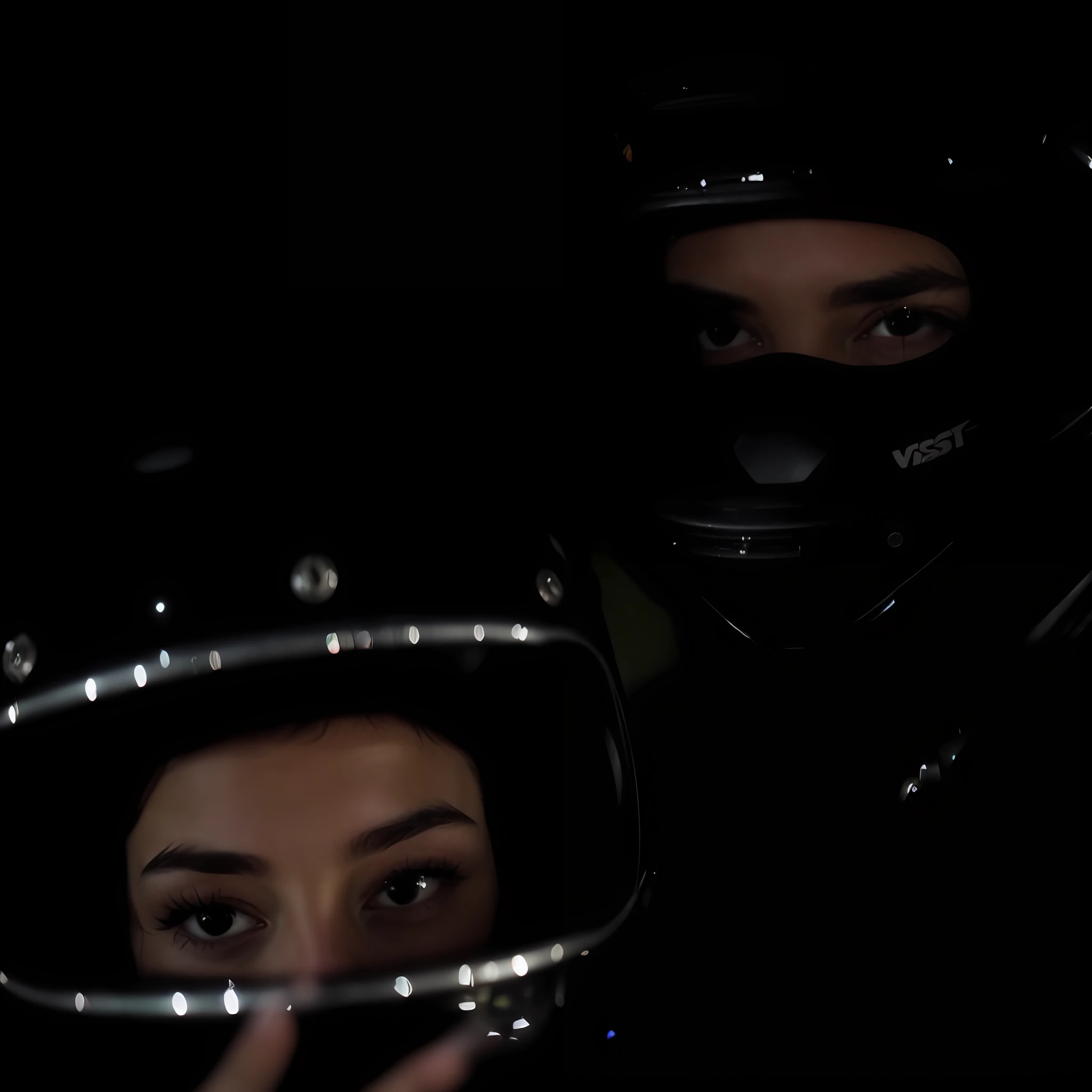 there are two people wearing helmets and one is holding a cell phone, vista do capacete, still from a music video, olhos brilhantes no capacete, Charli Bowater e Artgeem, viseira escura cobrindo o rosto, olhos projetados na viseira, Videoclipe oficial, videoclipe, capacete no rosto, filmagens noturnas, pilotando uma motocicleta, closeup faces, close up foto de retrato, rostos cheios