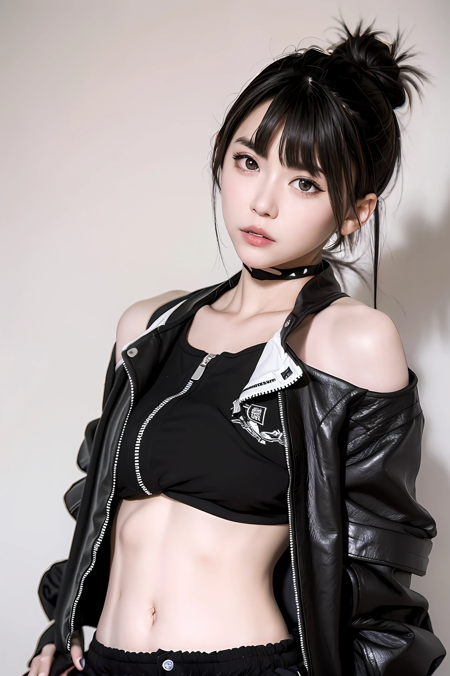 black and white manga style,Black-haired girl,Black pupils,White top,Black shorts,Draped in a black leather jacket,side looking,A half body,tmasterpiece