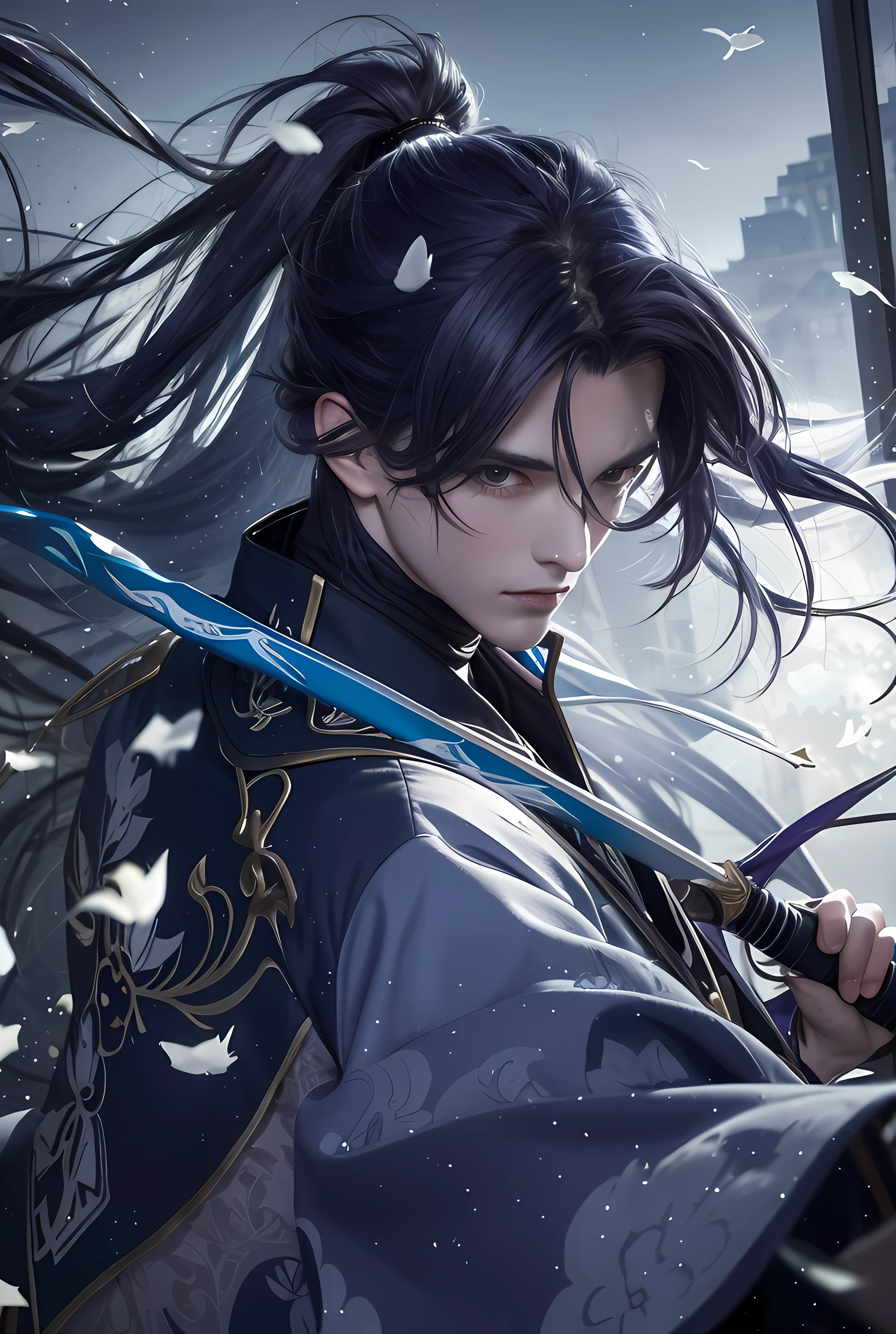 Blue-purple style, blue-purple long hair, fluttering ponytail, flying flowers, scabbard on the back, messy hair, broken hair, long hair, chivalry, very beautiful cyberpunk digital artwork, male focus, handsome, heroic and sassy, beautiful man, wearing a blue and white kimono, holding a long sword on the shoulder, chivalry style, high-quality detail depiction, blurred background and soft light set off, middle side shooting, middle side perspective, pattern decorations and ornaments, broken flowers and flying flowers, dense fog surrounding, light and shadow change extremely exquisite. Anime style 4k wallpaper.
