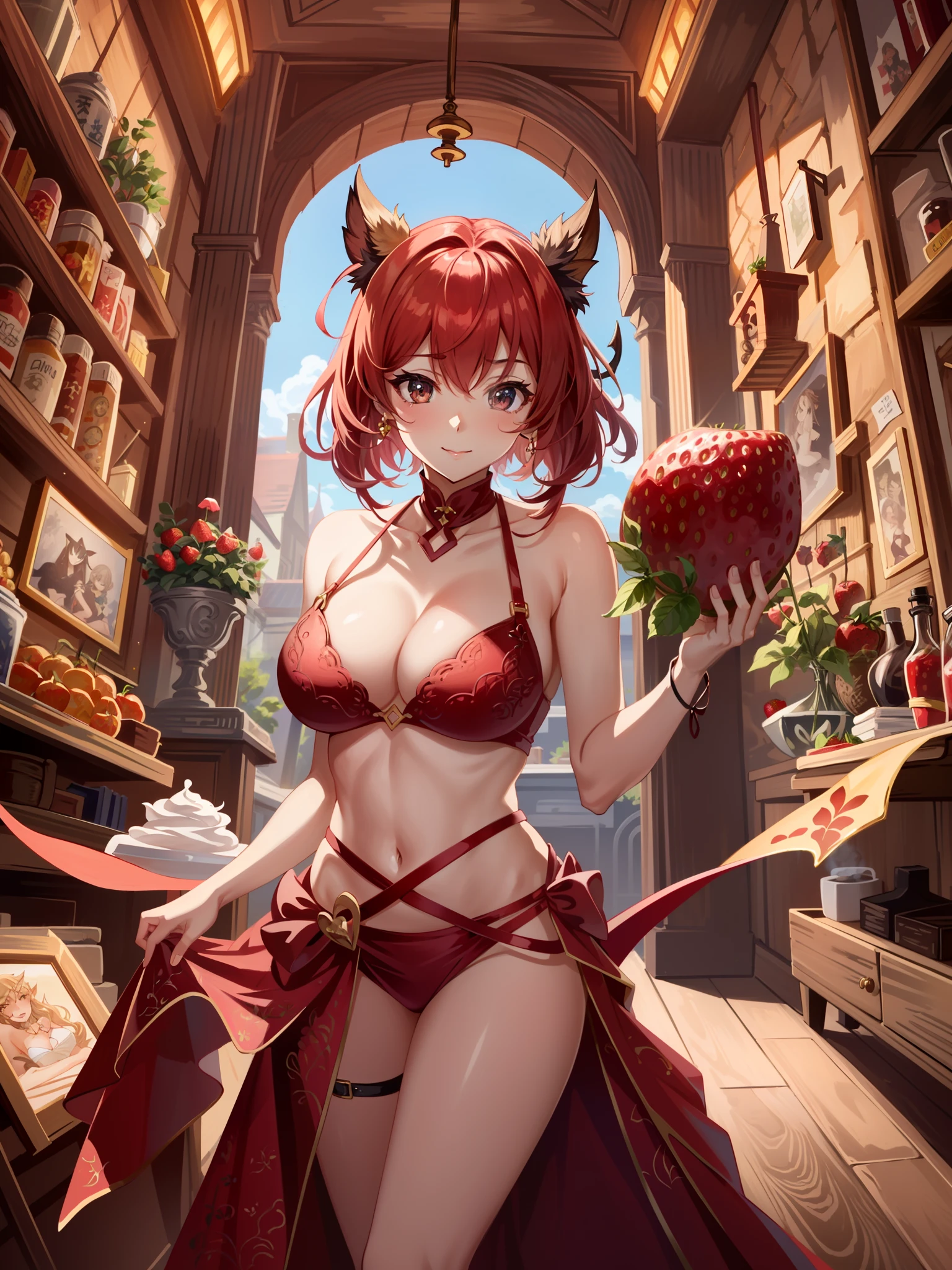 a close up of a woman in a red dress holding a strawberry, a beautiful succubus, Succubus | Medieval, Succubus, Rias Gremory, succubus in tight short dress, ❤🔥🍄🌪, shadowverse style, Seductive Anime Girl, very detailed Artgerm, Lori, beautiful alluring anime woman, Succubus in sundress portrait