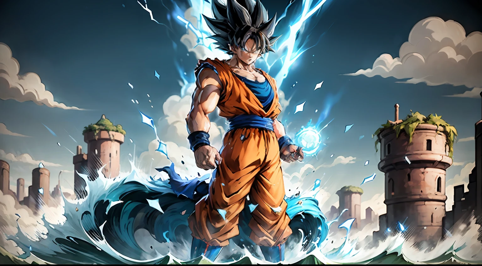 Super Saiyan Goku with Mario Broder back to back unleashes a massive wave of energy while standing on top of a mountain, surrounded by a blue technological background . The energy wave is bright blue with electric sparks around it. (anime: 1.2), (dramatic illumination: 1.1), (colores vibrantes: 1.3), (sombreado de celdas: 1.1), (dynamic composition: 1.2)