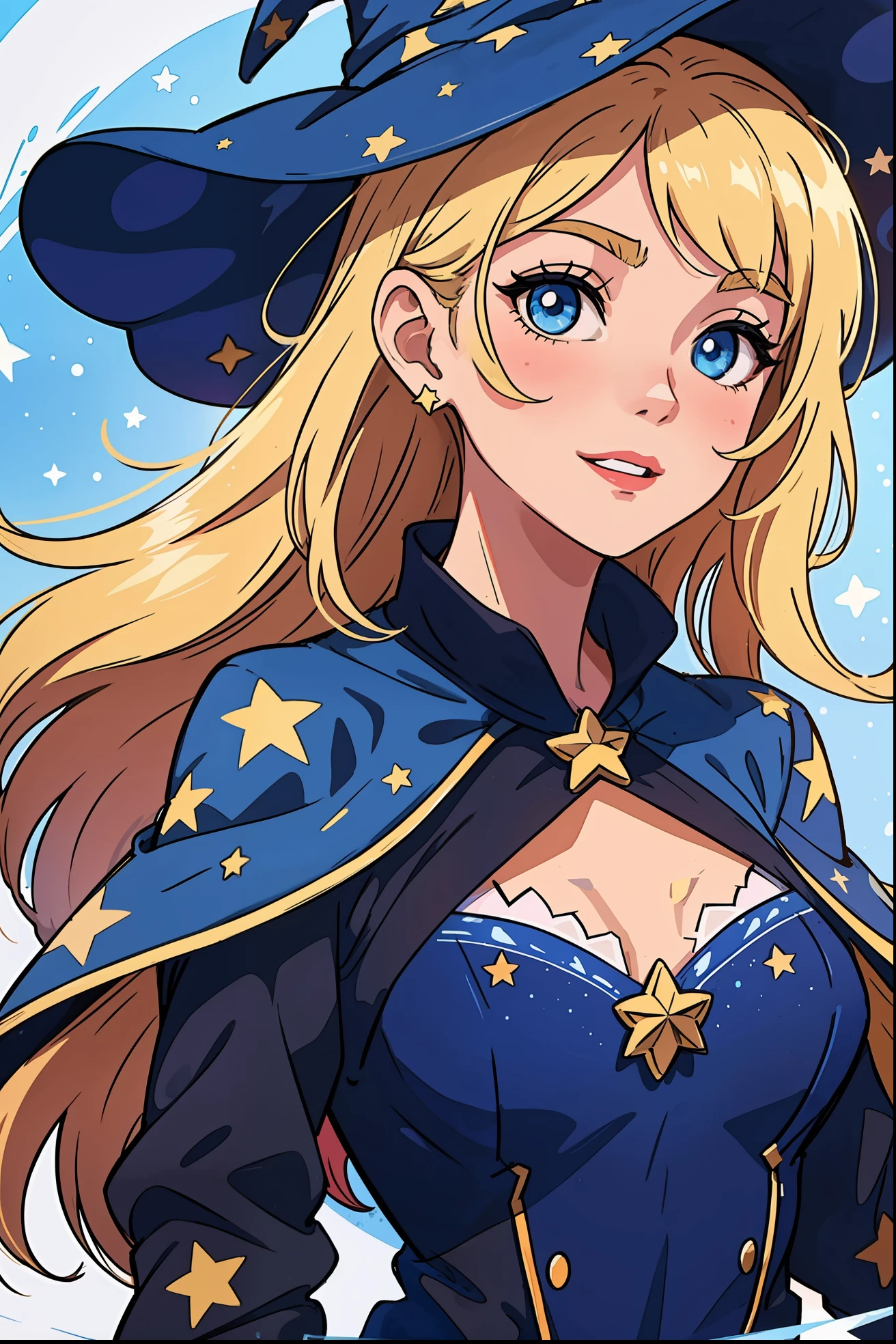 The perfect masterpiece,Highest quality,Perfect artwork,8K, Upper Body Lens,front portrait,Delicate face,Face Close-up,Watching the audience, Wizard apprentice girl,(pointy royal blue witch hat with white star print:1.3),Magical transparent eyes, dirty blonde hair,Red background,young,large eyes,warm smile,(💖:1.3), Digital Art,plane illustrations,colorful illustration,minimalist style,anime cartoon style,glowing magical effects,