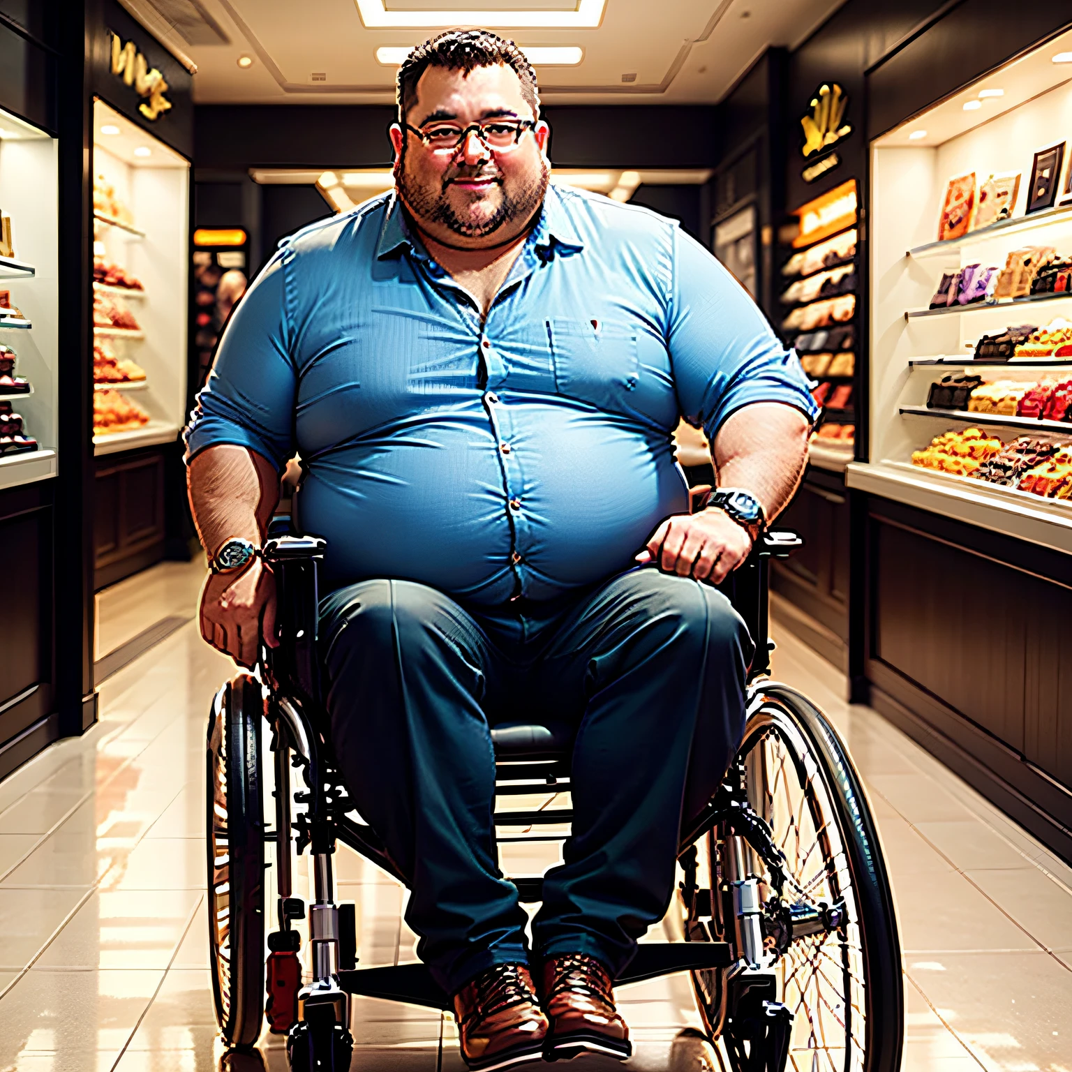A middle-aged slightly chubby man in a wheelchair,Elegant looking,ssmile,Carry a Rolex watch,Shop inside the mall --auto