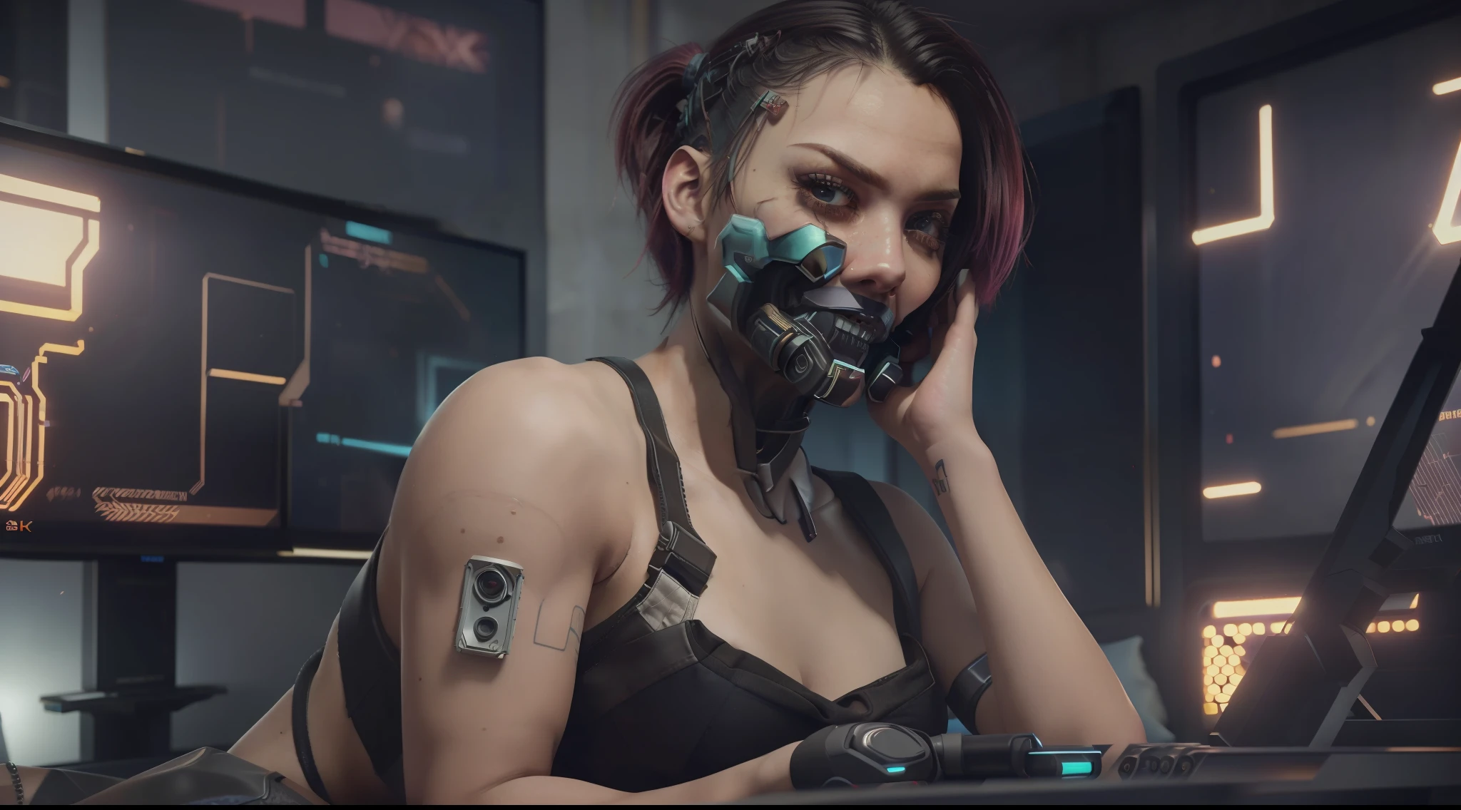 (8k, ARTISTIC photography, best quality, masterpiece: 1.2) ((Zendaya)) photorealistic beautiful,woman body defined by cybernetic body parts, samurai underwear. ( in a cyberpunk hacker bedroom on a bed with lots of flat screen monitors:1.5), cute face, luxury Gold cyborg, (edge runner, pop star):1.25, PINk hair, ponytail ((dynamic pose))) over-detailed face,, beautiful body, slim, toned, cyberpsycho fetish, 8k uhd, SLR camera, soft lighting, high quality, film grain, Arri Alexa mini , sexy amour, Cinematic lighting, octane render, complex, 8k resolution concept art portrait, edgerunner, blade runner, hyperrealistic, cinematic look, gritty, realistic, neotokyo, synthwave, aesthetics,(((pure 8K))), (((perfect anatomy))), extremely high-quality graphics, Riddley Scott, ghost in the shell, Denis Villeneuve, Cyberpunk 2077 (((cinematic lighting))), ((clear details)), complex, highly detailed background,