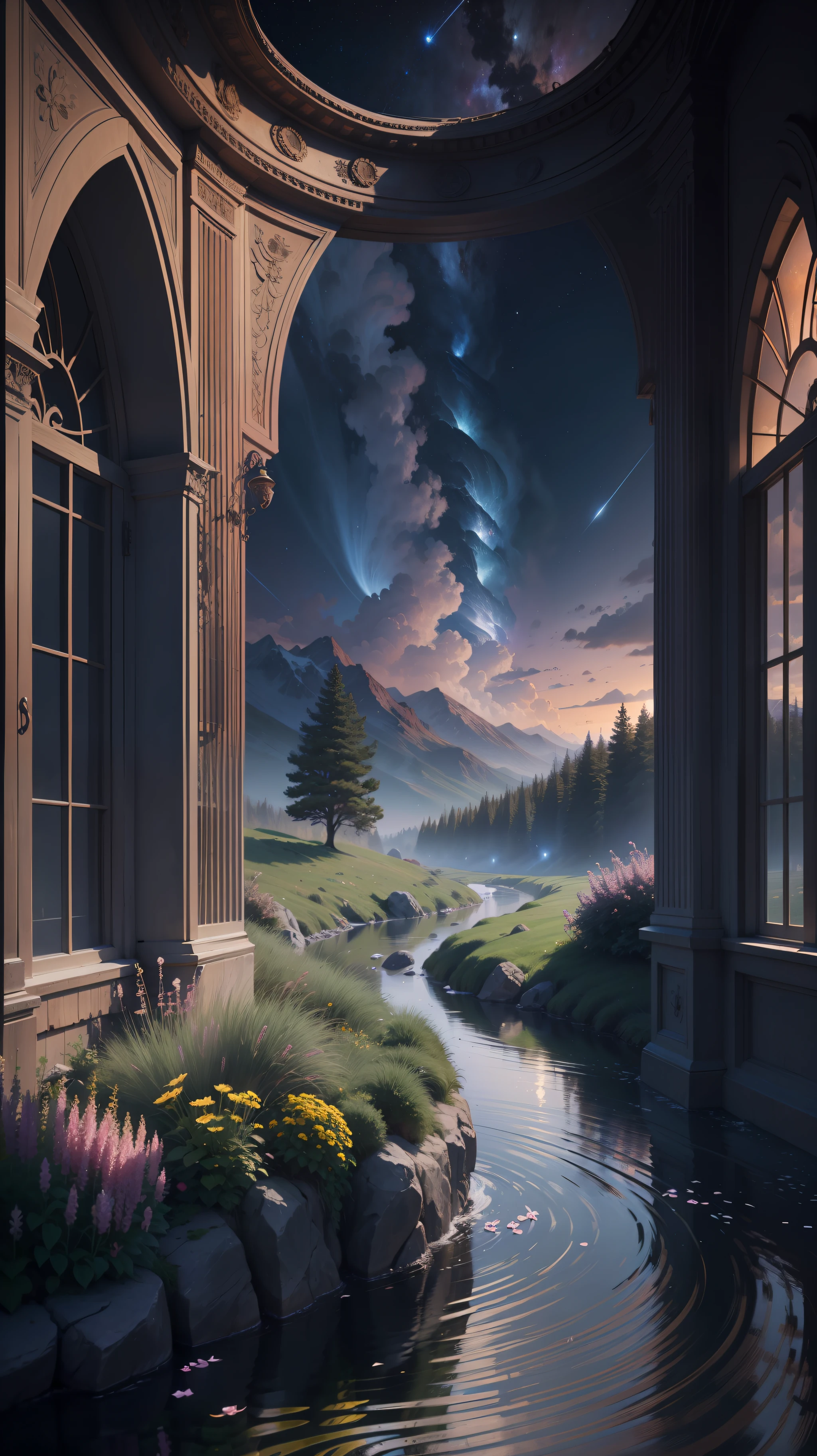 surrealism, High detail, futurism, full room view, f/4.0, 85mm, 8K, Super detail, The ultra -The high-definition, The ultra -The high-definition, 巨作, Super detail, High details, High quality, Award-Awarded, Best quality, 4K,starrysky,galactic,meteors,Starcloud,Mountains,Meadows with flowers,Clear river,a winding river,Fluttering petals,