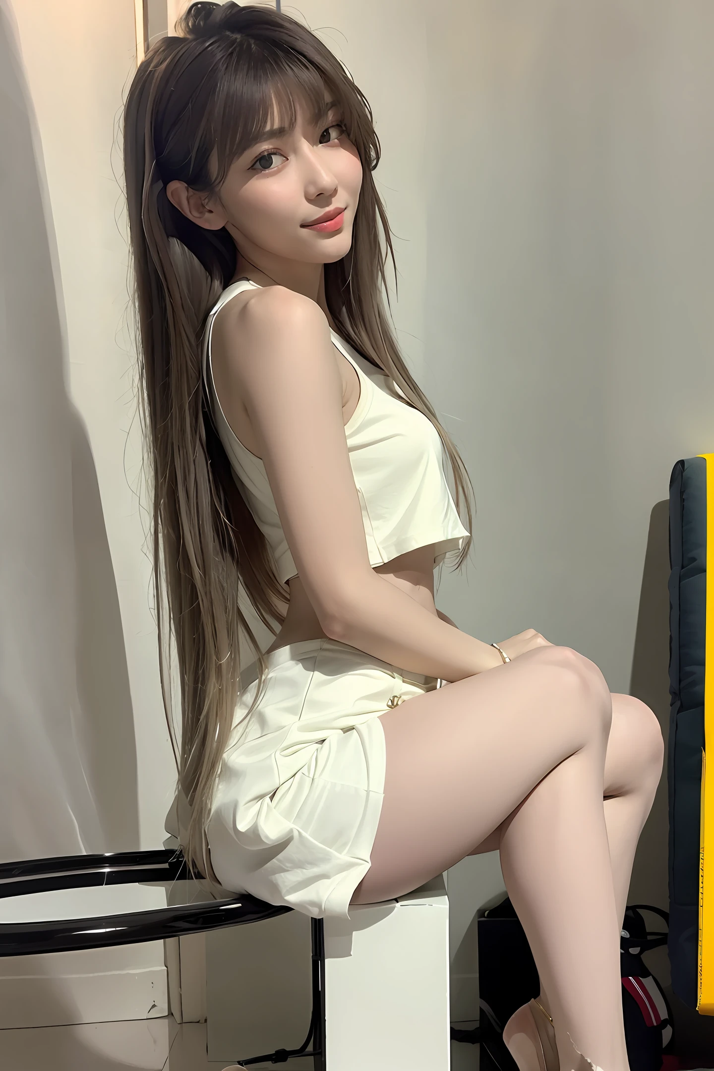 Display the art style，Slim girl，a white long skirt，length hair，looking at me，There is light in the eyes，Melon seed face，Black yellowish hair，Hold me