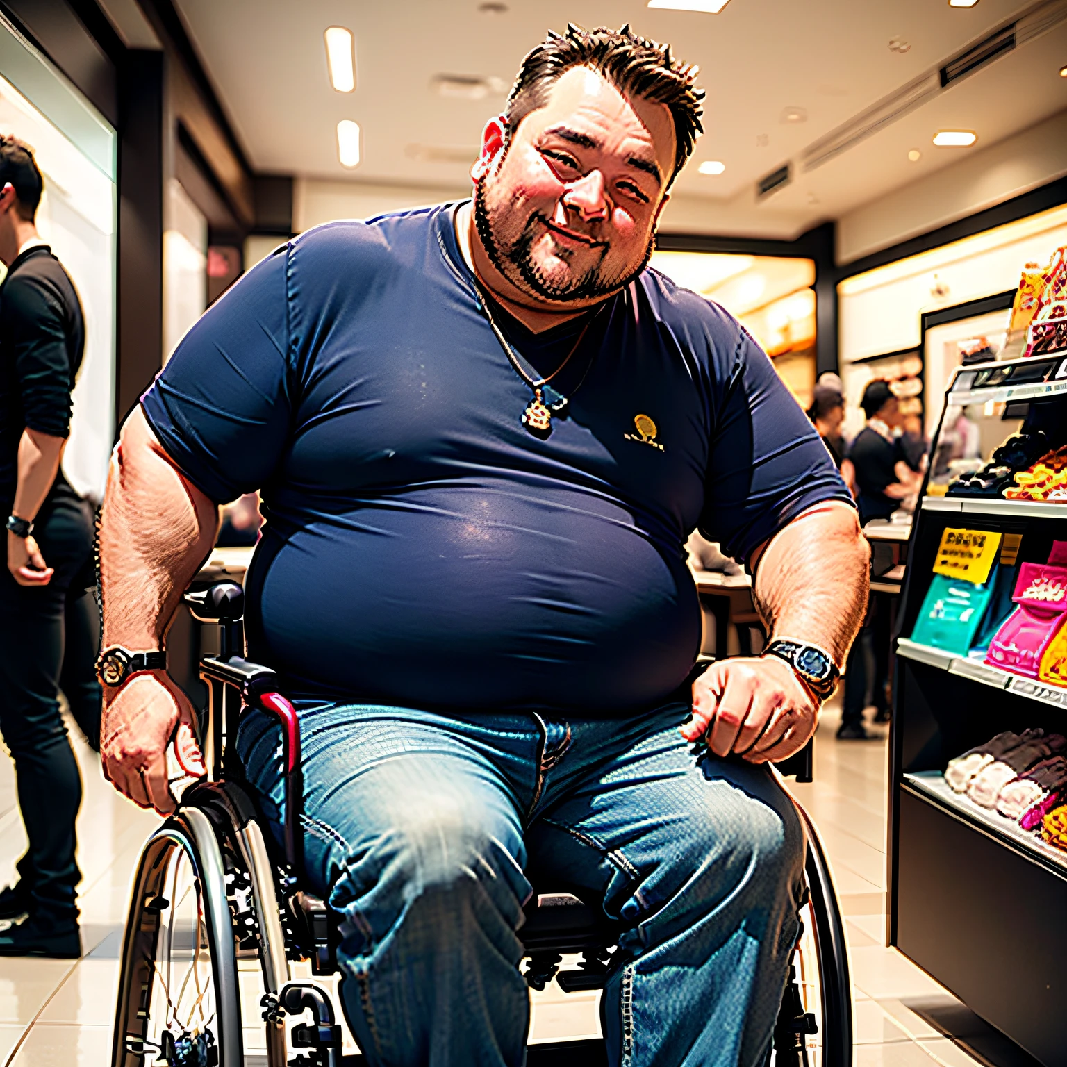 A middle-aged slightly chubby man in a wheelchair，Elegant looking，ssmile，Carry a Rolex watch，Shop inside the mall --auto