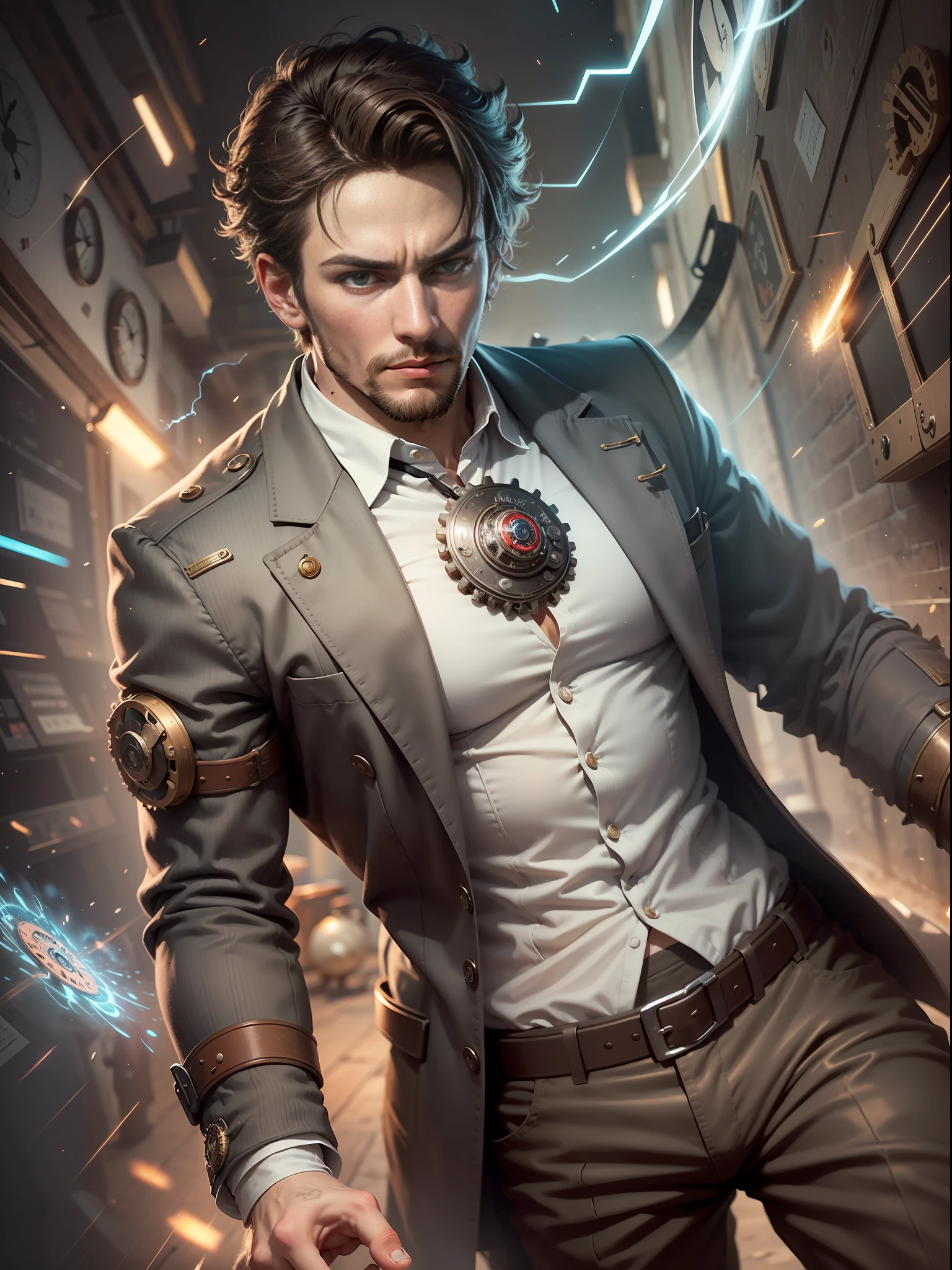 (Masterpiece, High Definition, Ultra High Definition, 4K, ) (hyper-realistic digital illustration) A handsome time traveling man. He must be portrayed in a mysterious and intriguing scenario, with elements that refer to time travel. Use vibrant colors and stylized details to highlight the man's figure, emphasizing his captivating and adventurous appearance. Add subtle visual elements that hint at your ability to travel through time, such as gears, antique clocks, or luminous particles. The image must capture the essence of the time traveler, conveying a sense of mystery, power and fascination.