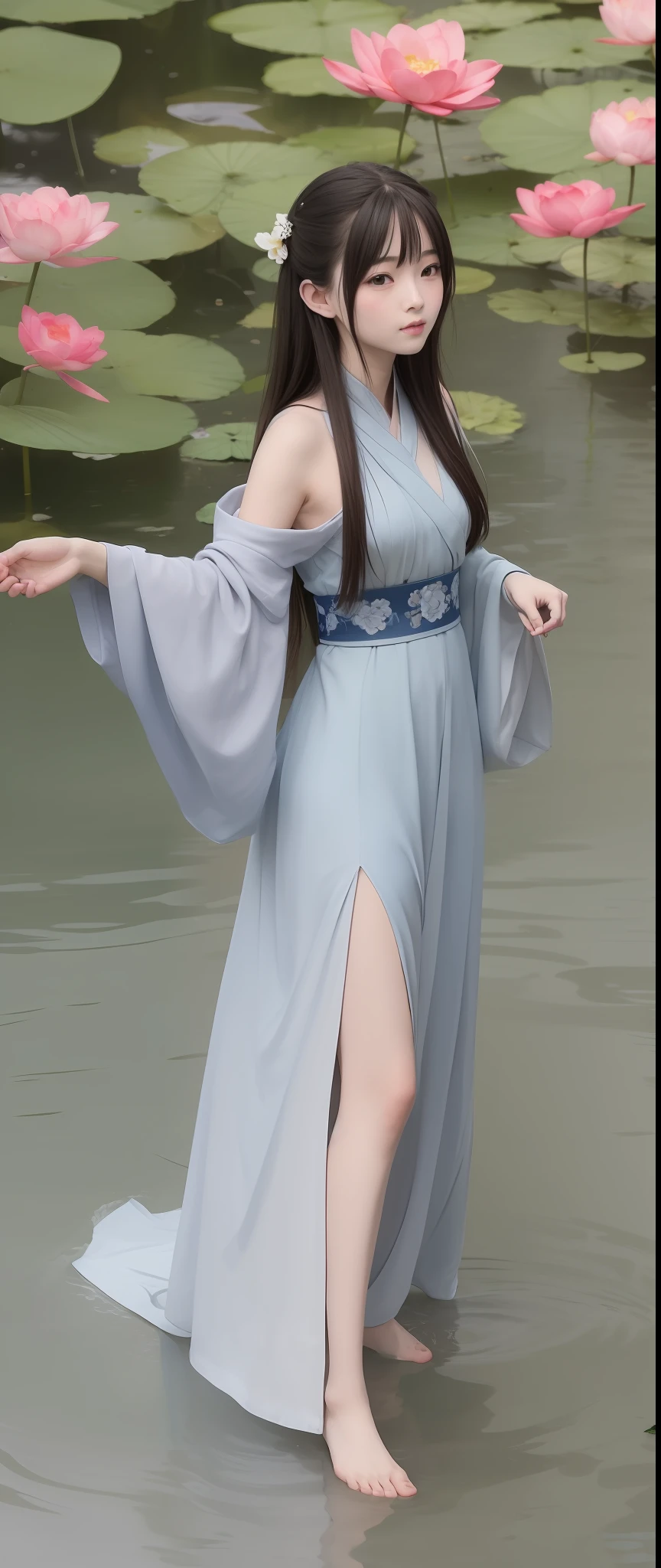 ((4k,masterpiece,best quality)), shuimobysim, Traditional chinese painting, lotuses, Hanfu, maxiskit, Dress conservatively 1girl, solo, blue long hair, ssmile, standingn, Feet in the water, bare footed,The right