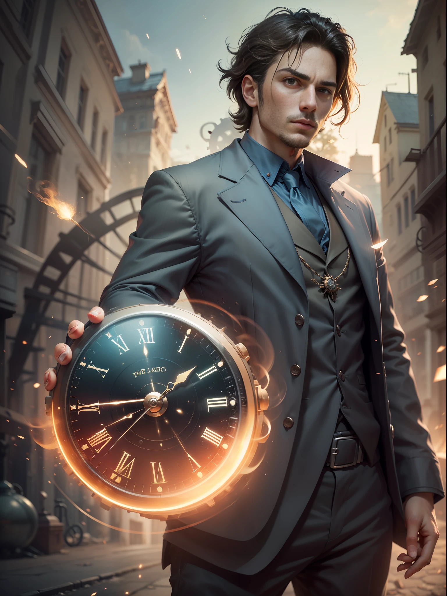 (Masterpiece, High Definition, Ultra High Definition, 4K, ) (hyper-realistic digital illustration) A handsome time traveling man. He must be portrayed in a mysterious and intriguing scenario, with elements that refer to time travel. Use vibrant colors and stylized details to highlight the man's figure, emphasizing his captivating and adventurous appearance. Add subtle visual elements that hint at your ability to travel through time, such as gears, antique clocks, or luminous particles. The image must capture the essence of the time traveler, conveying a sense of mystery, power and fascination.