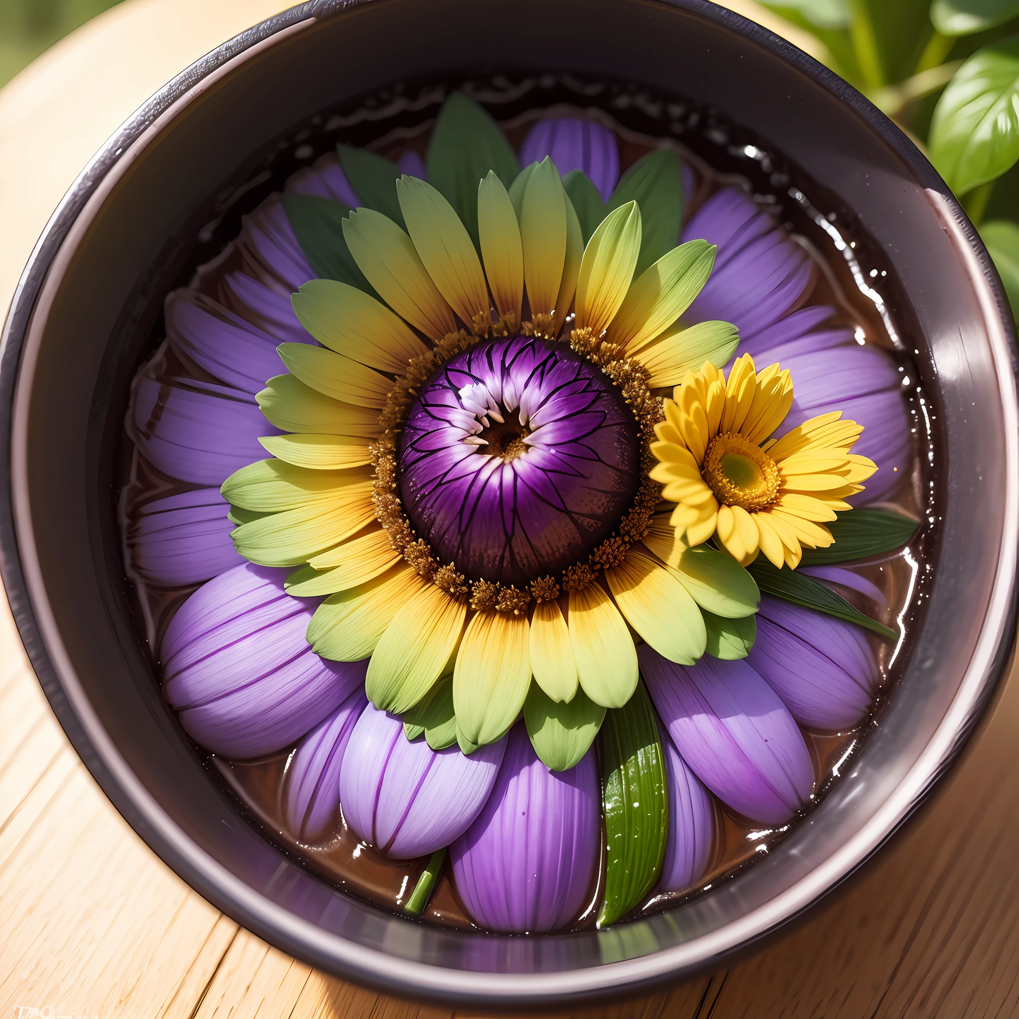 there is a purple flower with yellow center on a green stem, flor violeta, Flor de Edelweiss, psychedelic colors, Polsangi Violeta, Fotografia macro de 25mm, Macro de 35mm | | |, 3mm macro launch, 35mm macro launch, Foto tirada com Sony A7R, Beautiful image, Tiro em Sony A 7, macro 20mm --auto