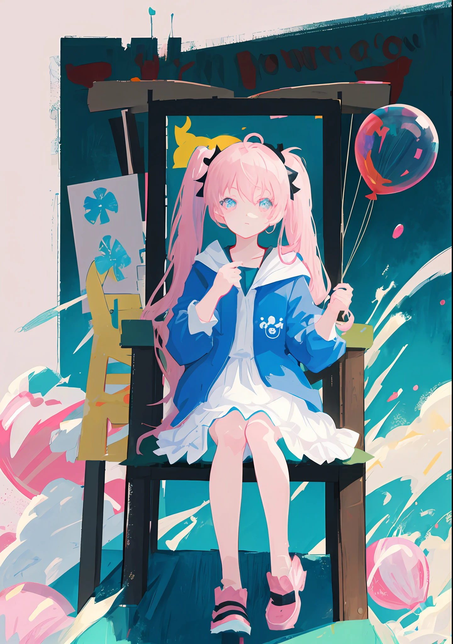 Anime girl sitting in chair,There is a bunch of balloons, pink twintail hair and cyan eyes, Twin-tailed, Splash art anime Loli, anime moe art style, style of anime4 K, painted in anime painter studio, Digital art on Pixiv, by Kamagurka, Best anime 4k konachan wallpaper, made with anime painter studio