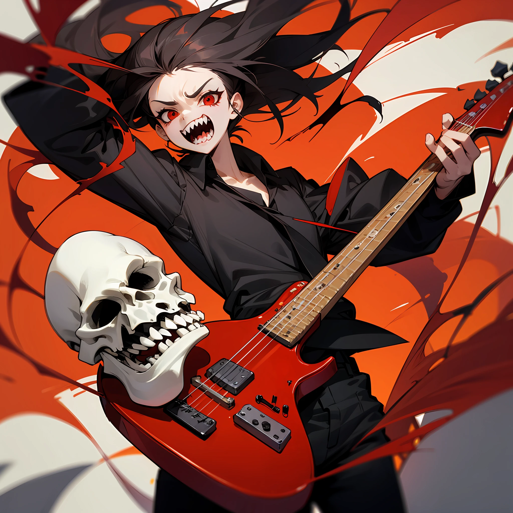 Vampire long pants black shirt bone sharp teeth holding a red anime style guitar --auto