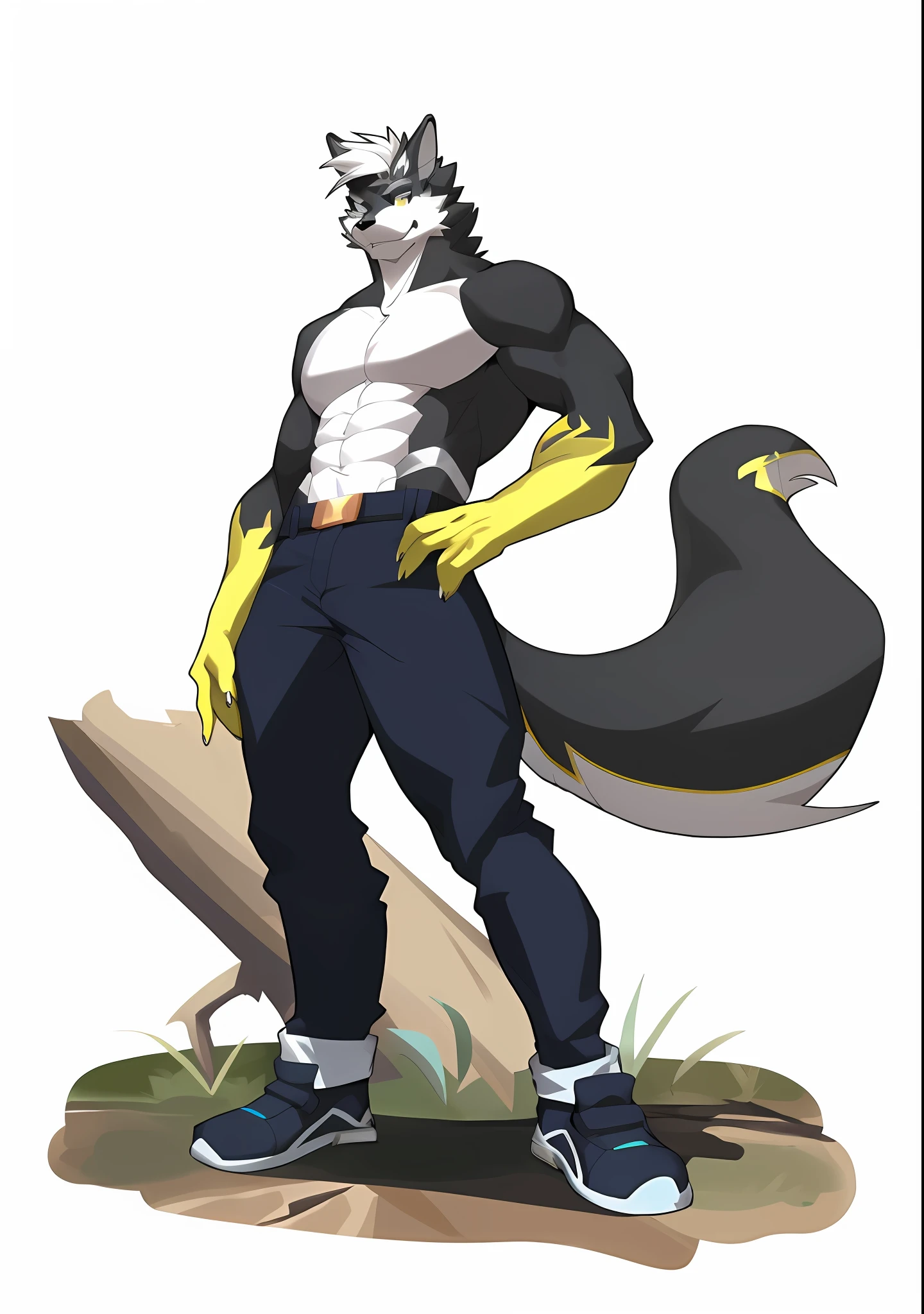Anime characters with yellow tails and black tails wolves, anthropomorphic wolf male, SFW version, official character art, full body concept, Single character full body, an anthro wolf, Full body illustration, wolf o'donnell, male robotic anthro orca, komono, koda kazuma, full body concept art, full body mascot