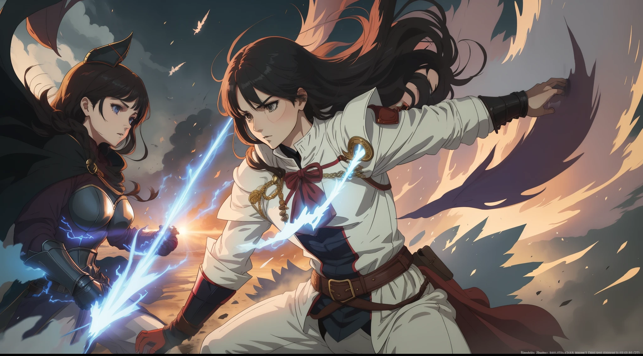 a brave and skillful warrior and his friend a beautiful woman who is a white mage are battling with a powerful and terrible dark knight in a great battle, 2d anime style