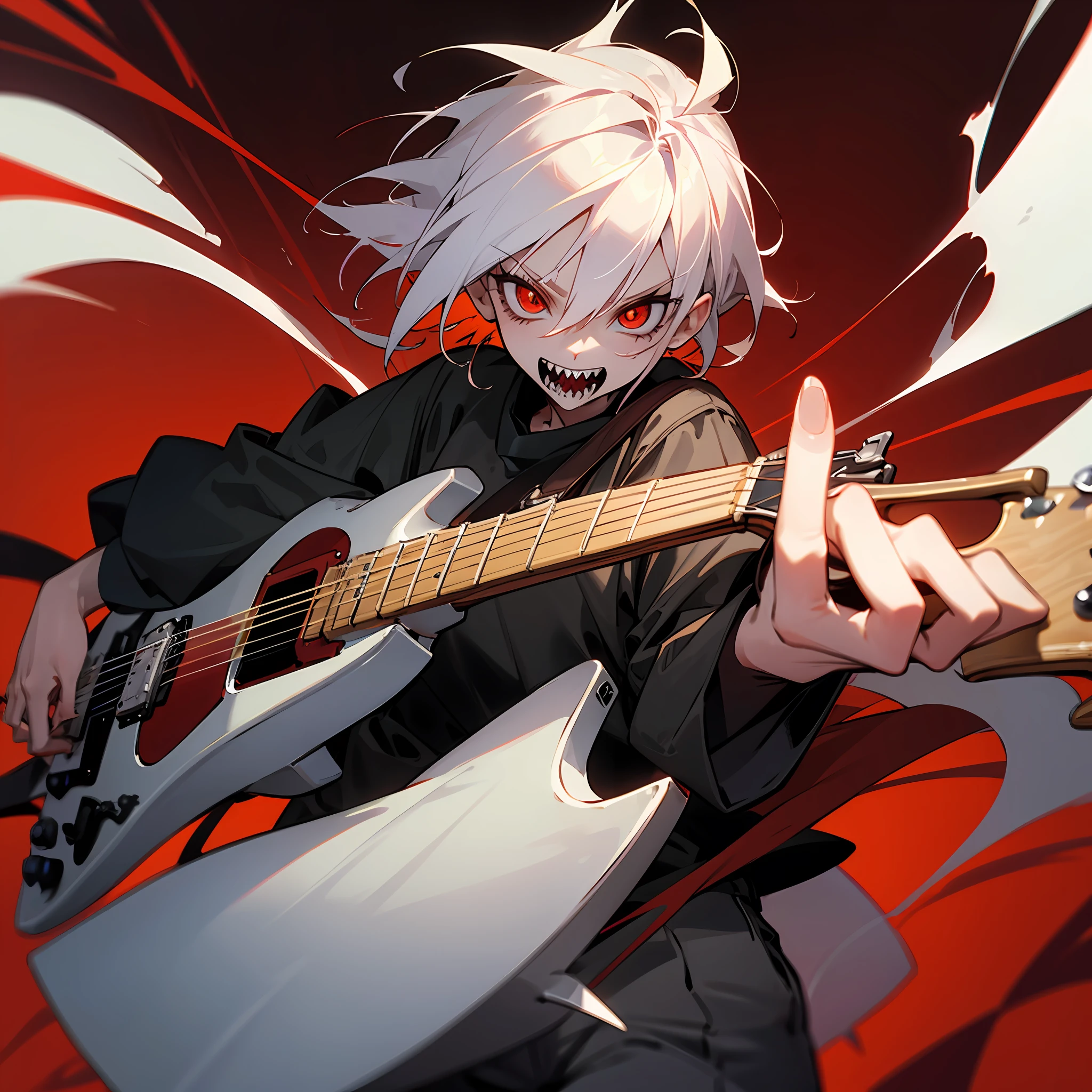 Vampire long pants black shirt bone sharp teeth holding a red anime style guitar --auto