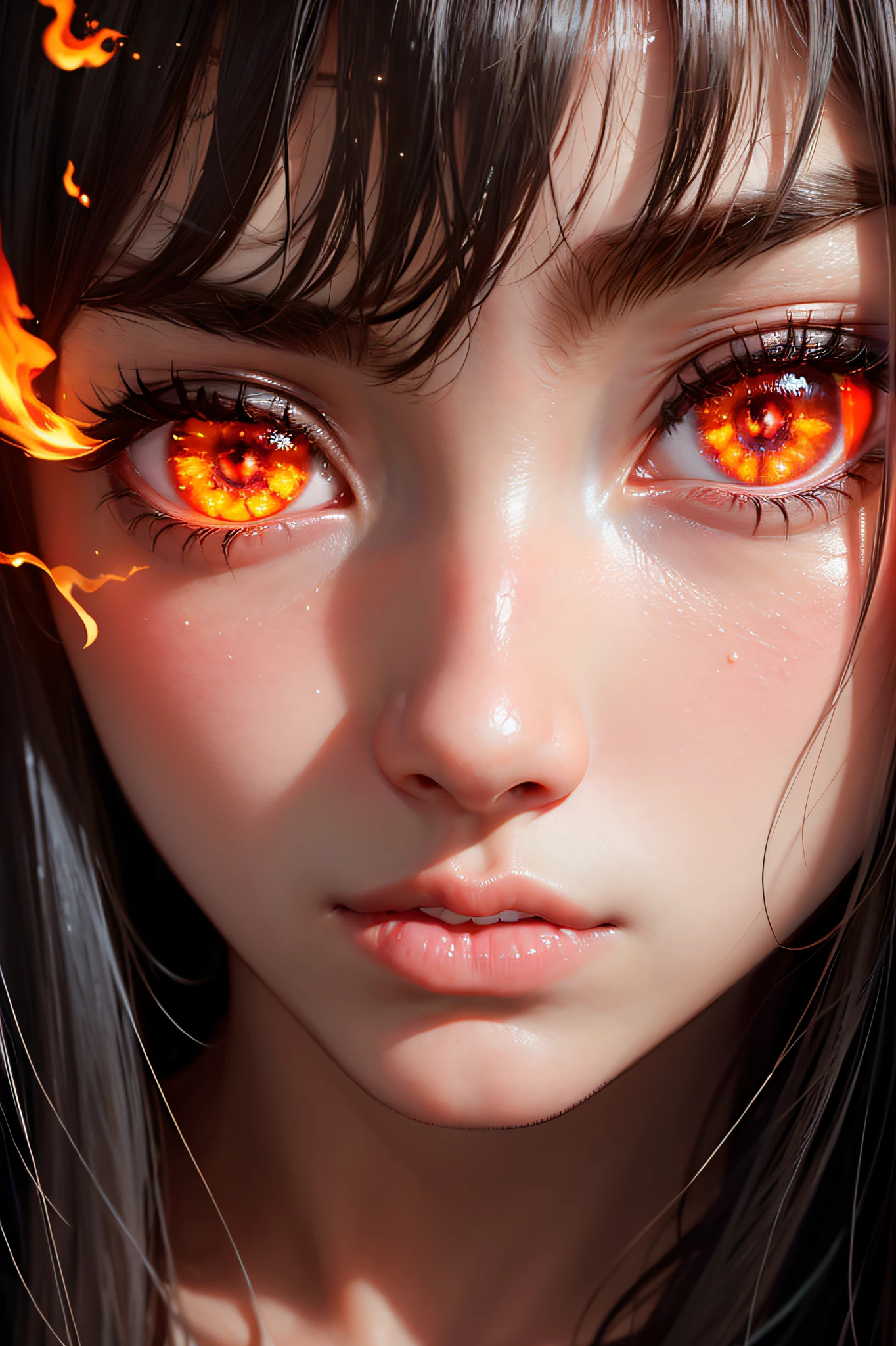 1girl, close up shot, (black sclera), glowing red eyes, black hair, pale skin,