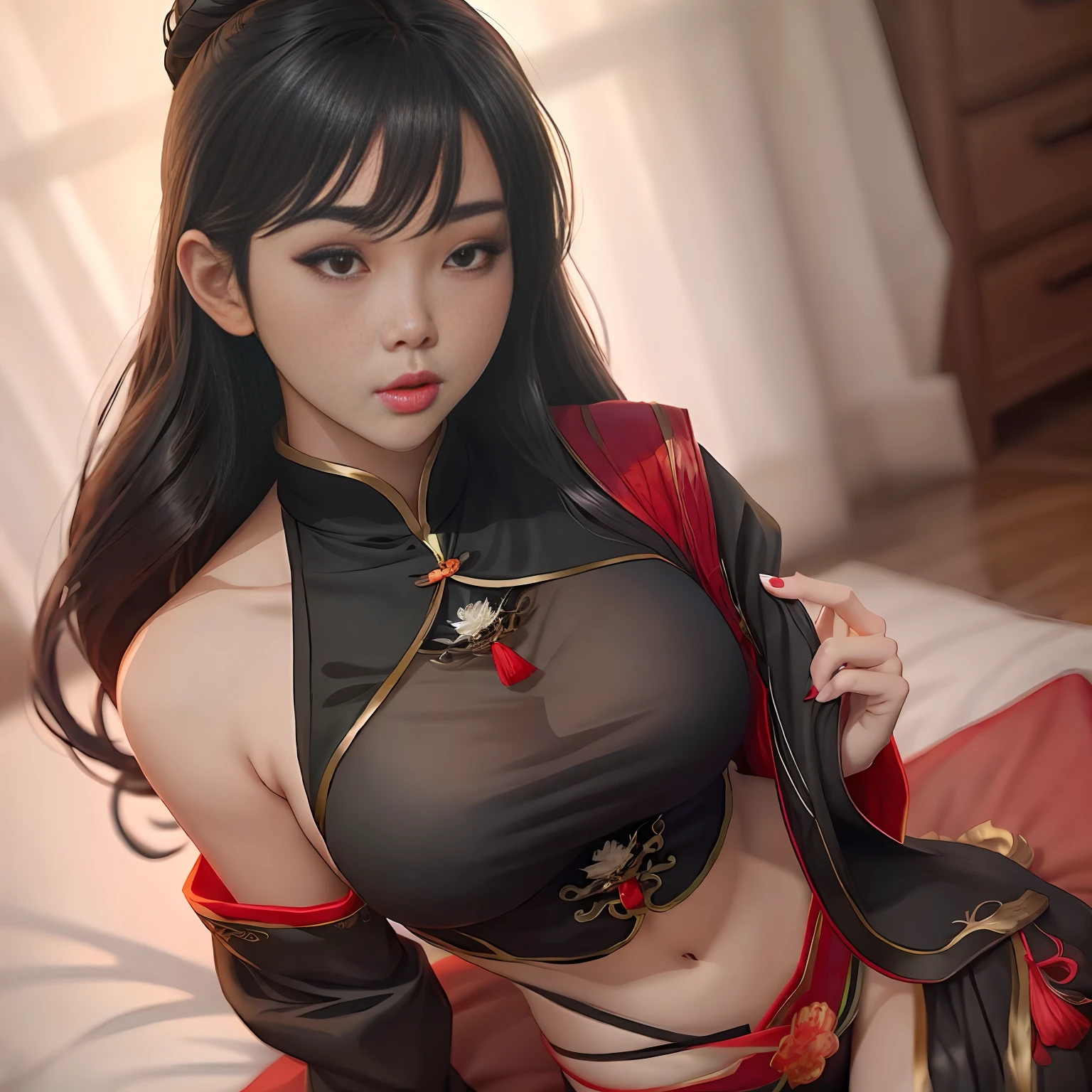 sexy asian woman in a black and red outfit posing on a bed, trending on cgstation, 8K high quality detailed art, seductive anime girls, Inspired by Lan Ying, inspired by Li Mei-shu, Smooth anime CG art, inspired by Pu Hua, beautiful and seductive anime woman, Japanese goddess, inspired by Ju Lian, [ 4 K digital art ]!!