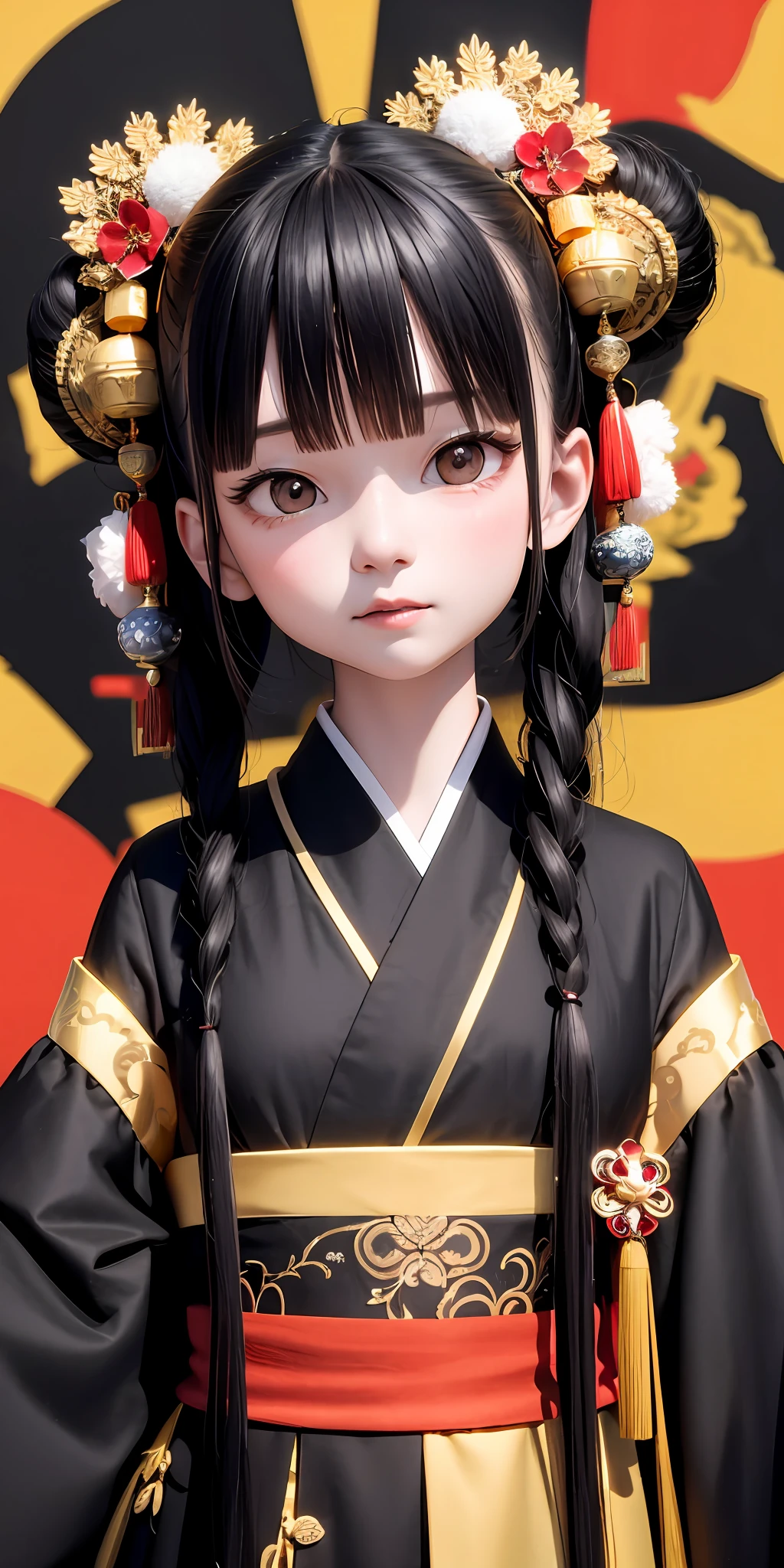 White background,Chinese antique girl image,Expose the whole body,Q version full body,Three-seven ratio,Goose egg face,Black hair and double looking at the fairy bun,Black pupil apricot eyes,face expressionless,Look ahead,Hands hang naturally,Red Tang dynasty costume,Full-chest skirt,The color of the costume is red、blanche、Gold is dominant,The costumes are grand and elegant,It is embellished with a treasure pattern,3D cartoon model --v6