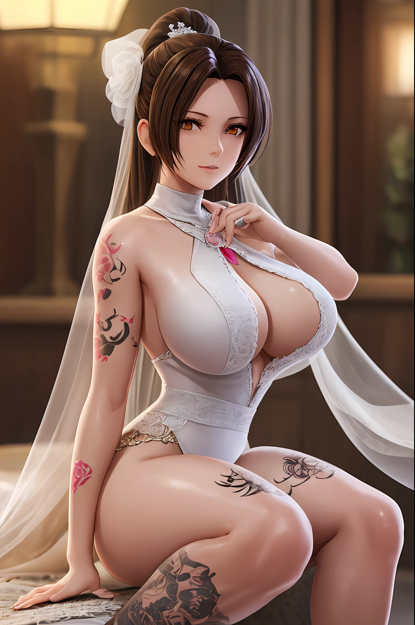 nighttime,full body,KOF:Mai Shiranui ,(((Wearing White wedding dress ))), Jewelry ,Elegant sitting posture,Masterpiece,best quality,official art,extremely detailed, 3D, Cinema 4D,8k, ( ##tattoo ##,tattoo, ~+ tattoo),(Perfect female curves, huge stacked breast),(A seductive gaze), Facing the camera, Pink lips,Delicate fingers and hands,magic hour, Rembrandt lighting, front lighting and fill lighting, hard shadow,