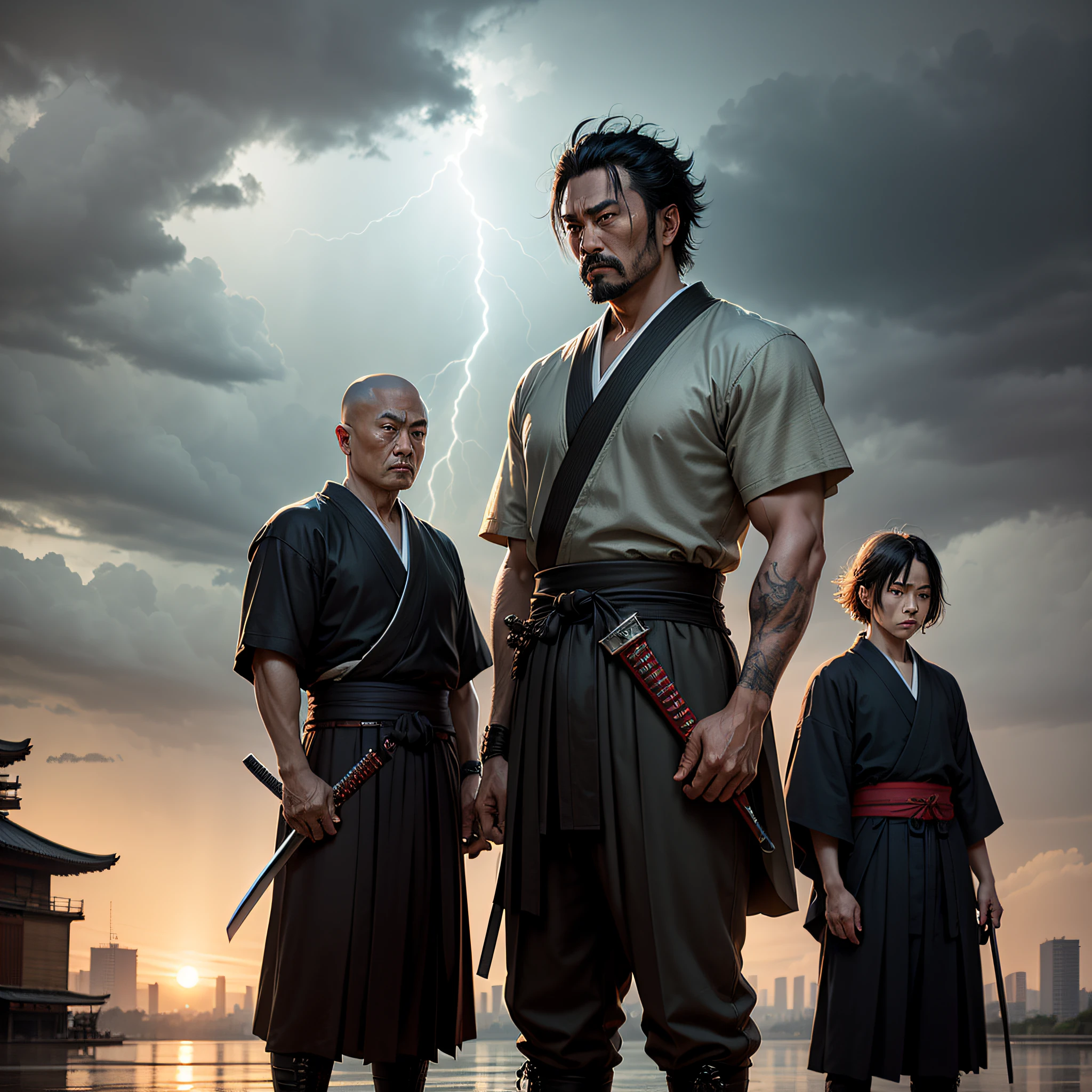 Samurai e guerreiros,ator Cary-Hiroyuki Tagawa,cabelo solto,blade sword,artes marcias,city in Tokyo in the rains,Dark skies with multiple storms,extraordinario,roupa de samurai,umanori,hakama. --auto