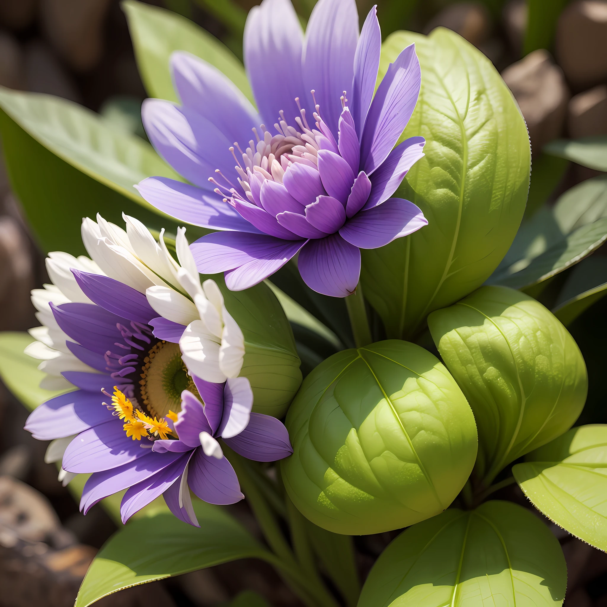 there is a purple flower with yellow center on a green stem, flor violeta, Flor de Edelweiss, psychedelic colors, Polsangi Violeta, Fotografia macro de 25mm, Macro de 35mm | | |, 3mm macro launch, 35mm macro launch, Foto tirada com Sony A7R, Beautiful image, Tiro em Sony A 7, macro 20mm --auto