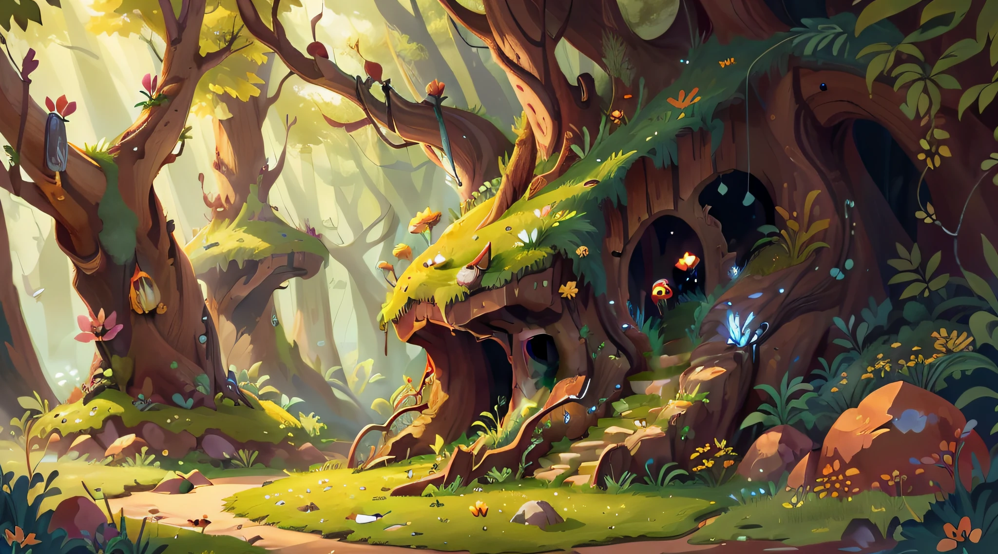 cartoon illustration of a forest with a path and a cave, arte conceitual estilizada, arte de fundo, arte de fantasia digital 2d detalhada, arte de fundo, environment design illustration, ambiente florestal de fantasia, arvore com um burraco magico pintado como uma arte conceitual de jogo, arte de fantasia digital 2d, detailed game art illustration, Floresta do Reino das Fadas, magical fantasy 2 d concept art, Design de ambiente de jogo 2D