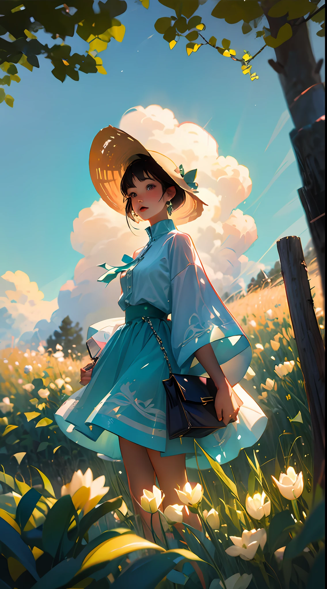 wheat field，A teenager with a straw hat stands in a wheat field，large clouds、blue-sky、Rice fields，There are neat rice seedlings in the field，ln the forest，hillside，Quiet，rustic，high definition detail、hyper-detailing、cinematic ligh、hyperreaistic、Soft light、Deep field focus bokeh、Ray tracing and surrealism。 --v6