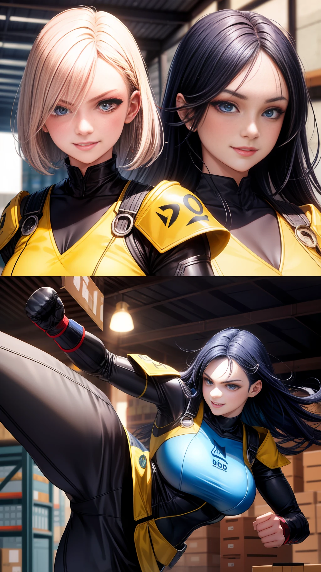 many girls, evil smile, Hairstyles for various hair colors, 2 types special clothing, Fight, fist, kick, big warehouse, Detailed face, Detailed both eyes, Detail nose, detailed mouth, ultra high quality, ultra high details, ultra high definition