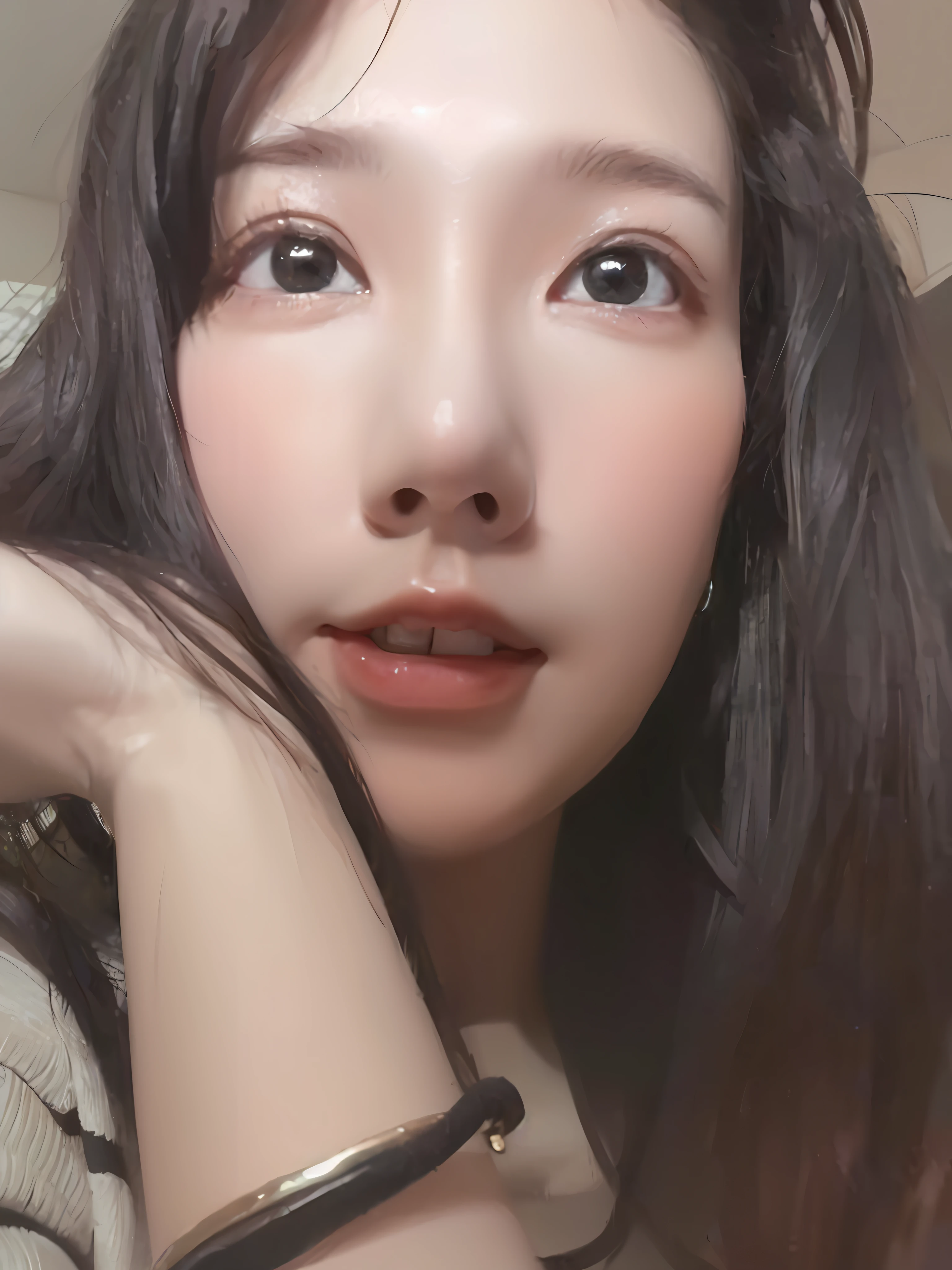 there is a woman with long hair and a bracelet on, wan adorable korean face, with small nose, young lovely Korean faces, 8k selfie photograph, ulzzangs, small lips pointy nose, young cute wan asian face, cute delicate face, 19-year-old girl, Korean face features, soft eyes and narrow chin, jaeyeon nam, Small nose
