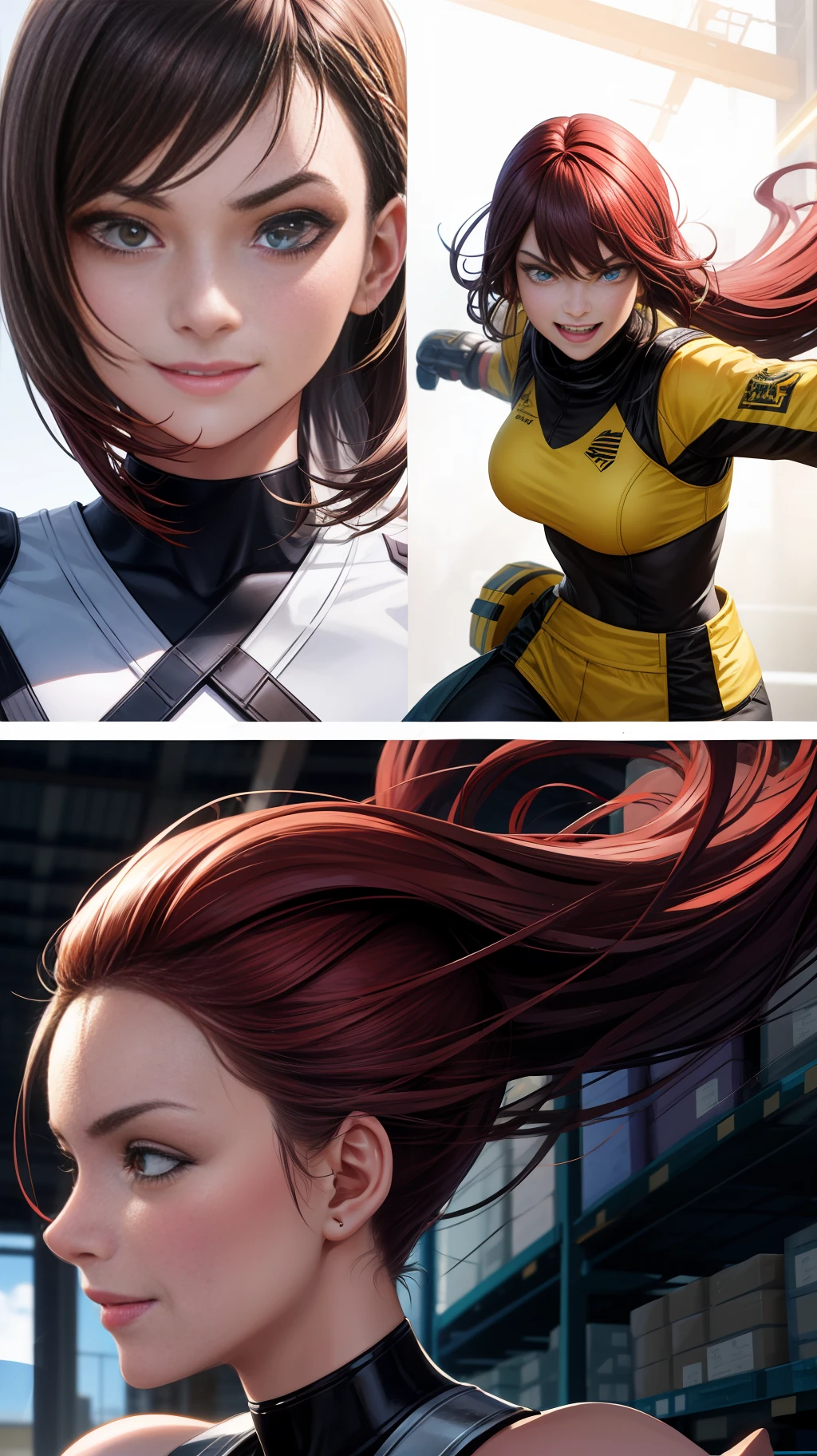 many girls, evil smile, Hairstyles for various hair colors, 2 types special clothing, Fight, fist, kick, big warehouse, Detailed face, Detailed both eyes, Detail nose, detailed mouth, ultra high quality, ultra high details, ultra high definition