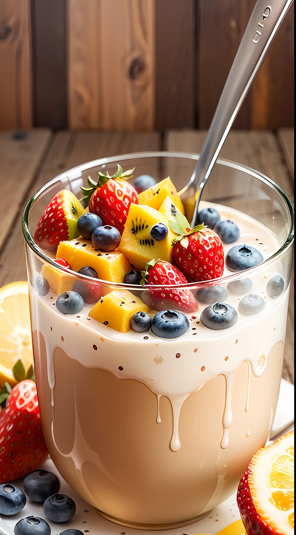 coffee, The Most Beautiful Cup, 2 tablespoons chia seeds 1 cup milk (can be cow's milk, vegetable milk or yogurt) 1 tablespoon honey or other sweetener of your choice 1 teaspoon vanilla extract (optional) Chopped fresh fruits (For example, strawberries, kiwi, mango, blueberries, etc.) for topping --auto --s2