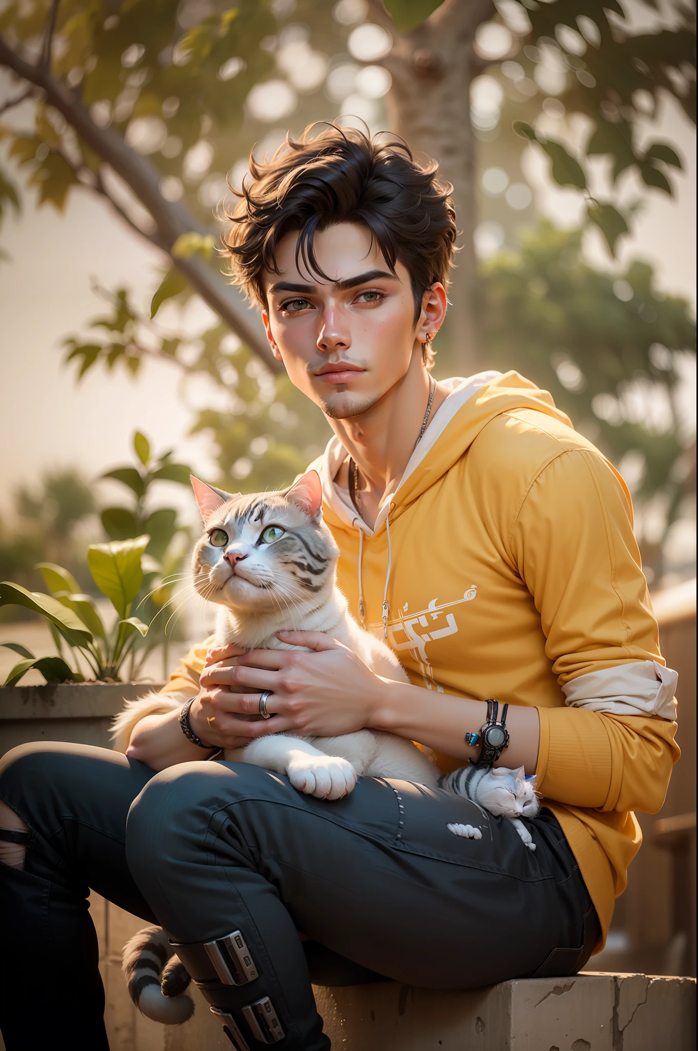 Background change cyberpunk handsome boy with cat ultra realistic face