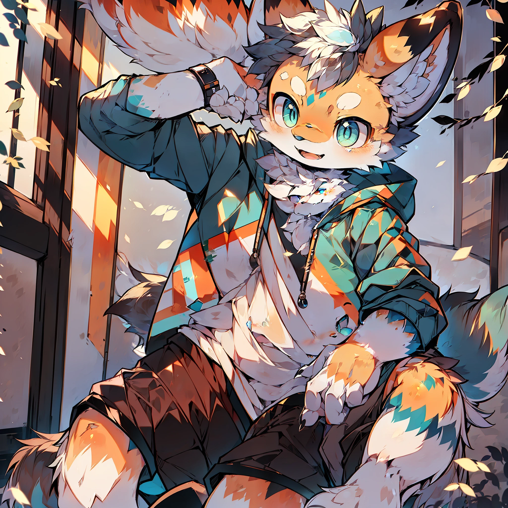 shota,furry,cute,lovely,orange fur,white ears,blue eyes,green hoodie,gray shorts,warm lights,daytime,seeing left side,closed mouth