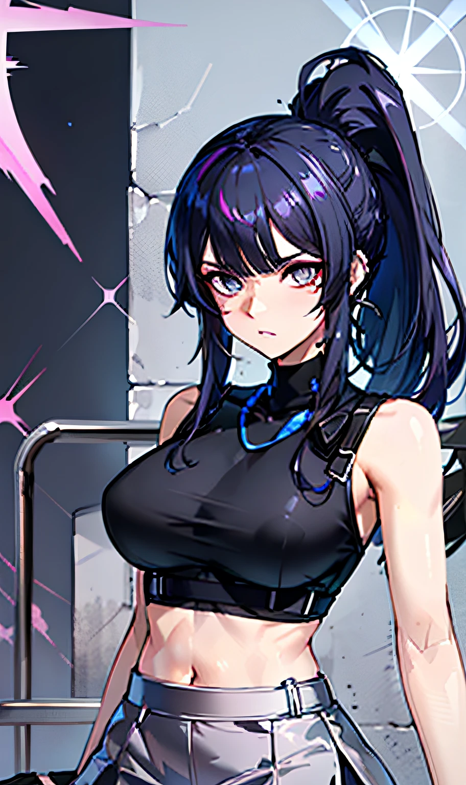 8k wallpaper,tmasterpiece,Grim expression,Handsome,Irridescent Hair,High ponytail in blue,The top of the head is black hair,The front is purple bangs,,Gray eyes,beautiful detailed eyes,Diamond crown,耳Nipple Ring,Handsome,hair glowing,dramatic angles,Look at the audience,Fashionable short skirt,Cute t-shirt,large breasted body