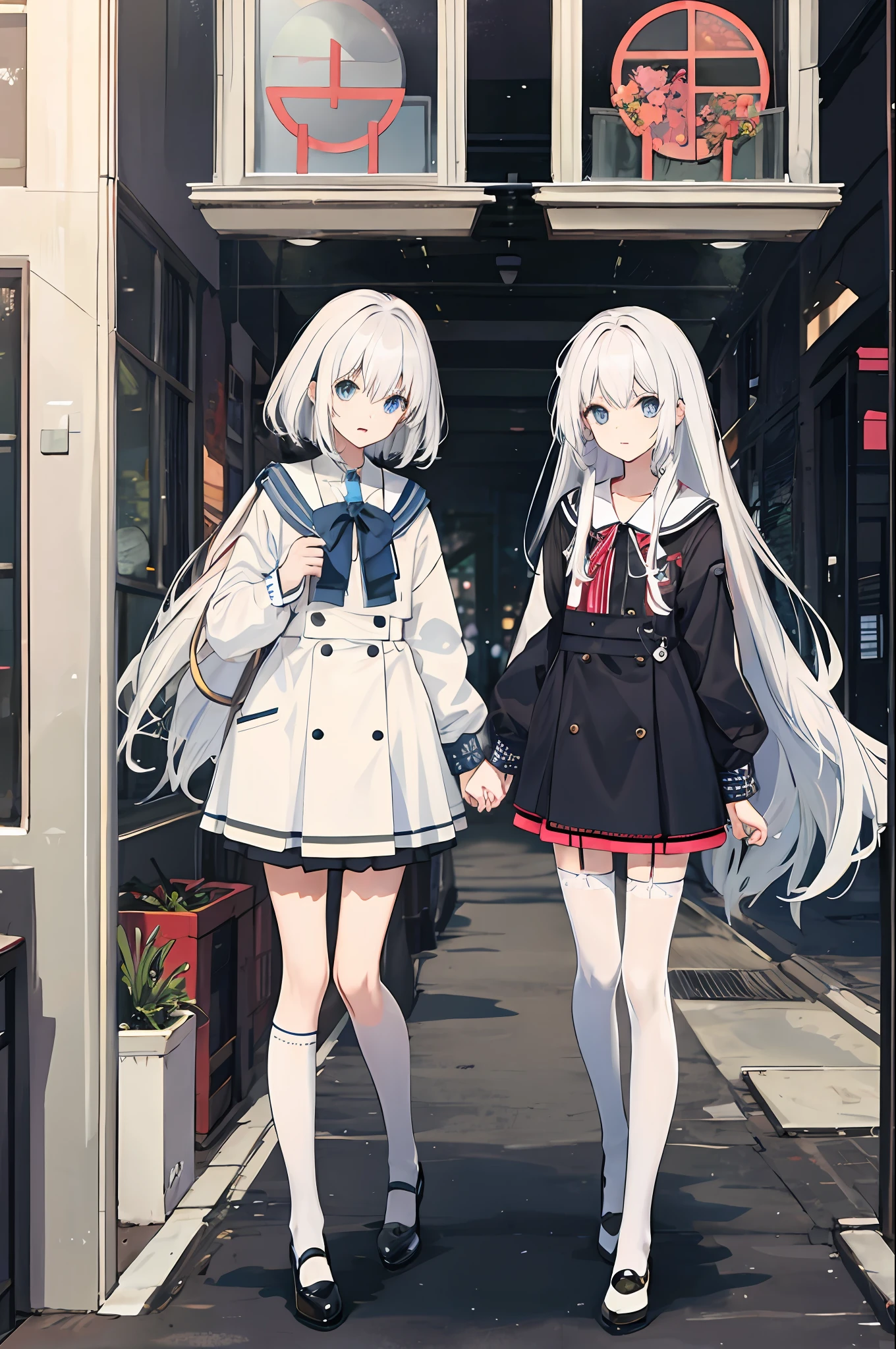 ,twins,white hair,stockings,mature female,