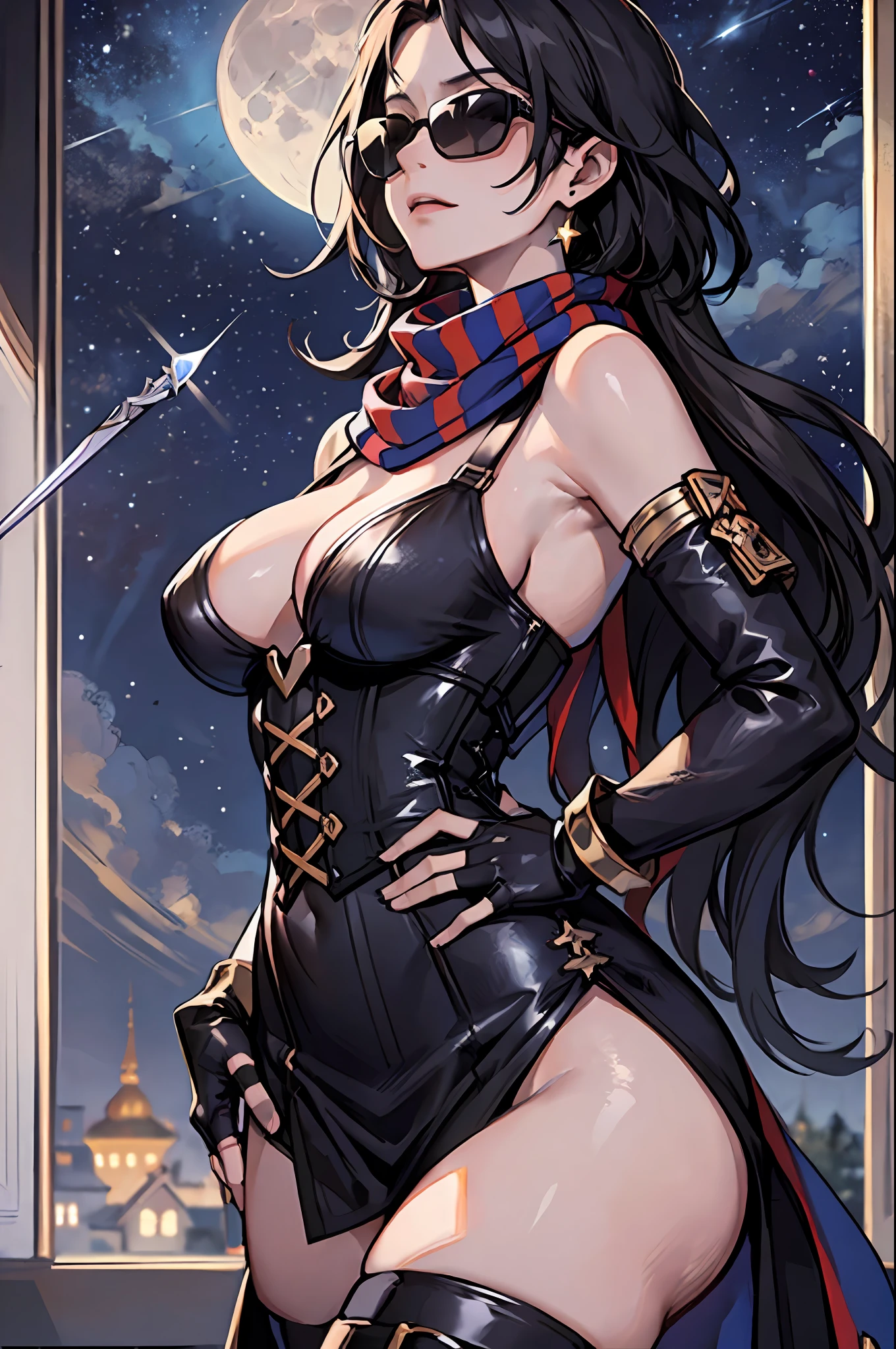 tmasterpiece, 4K,Best quality, A female assassin,Royal Sister，cabelos preto e longos，Wearing black sunglasses， striped scarf, Black dress, Corset, Fingerless gloves, thigh boots, ((look up sky)), (Starry sky at night),Bend the moon，Relaxed expression, A dagger is pinned to his waist，Villages in the distance