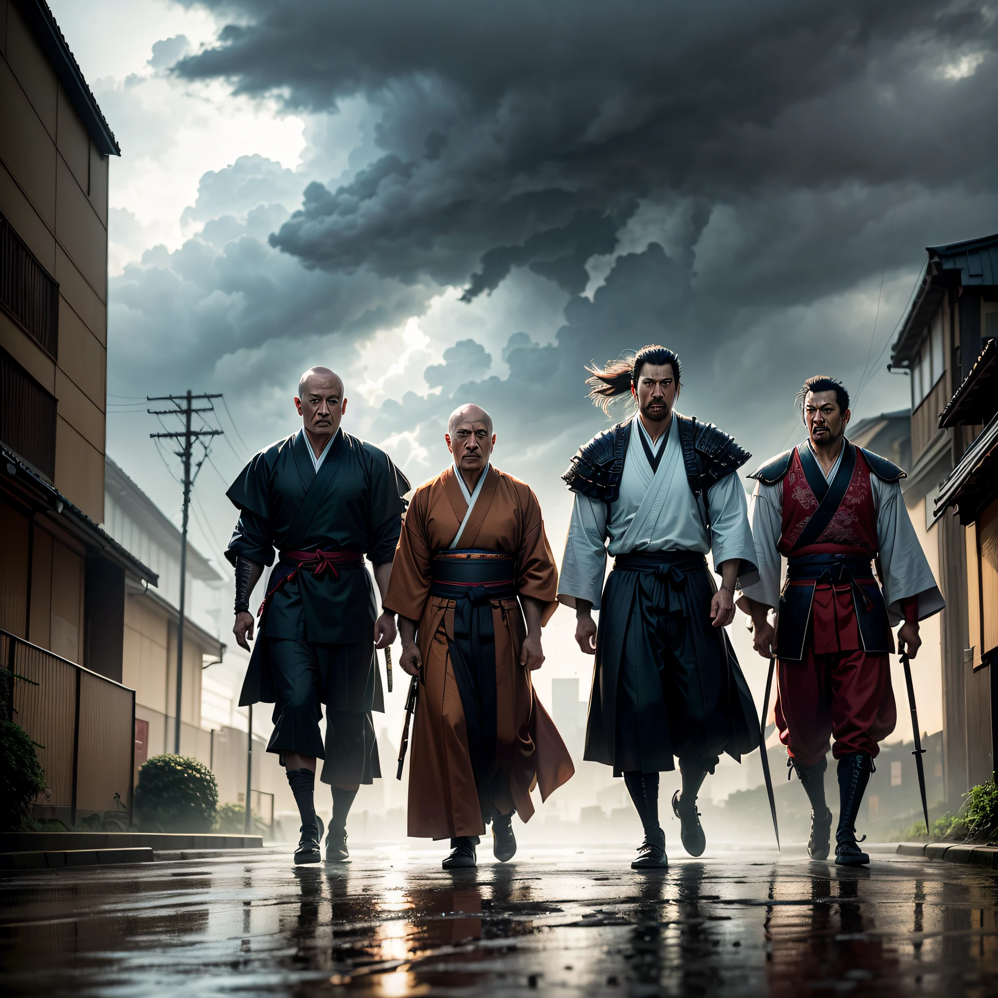 Samurai e guerreiros,ator Cary-Hiroyuki Tagawa,cabelo solto,blade sword,artes marcias,city in Tokyo in the rains,Dark skies with multiple storms,extraordinario,roupa de samurai,umanori,hakama. --auto