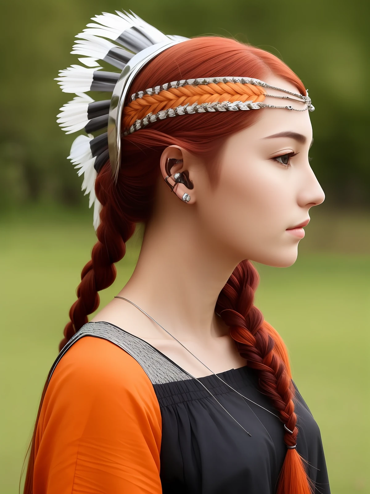 Women with long orange hair have small twisted braids in their sideburns and silver headdresses