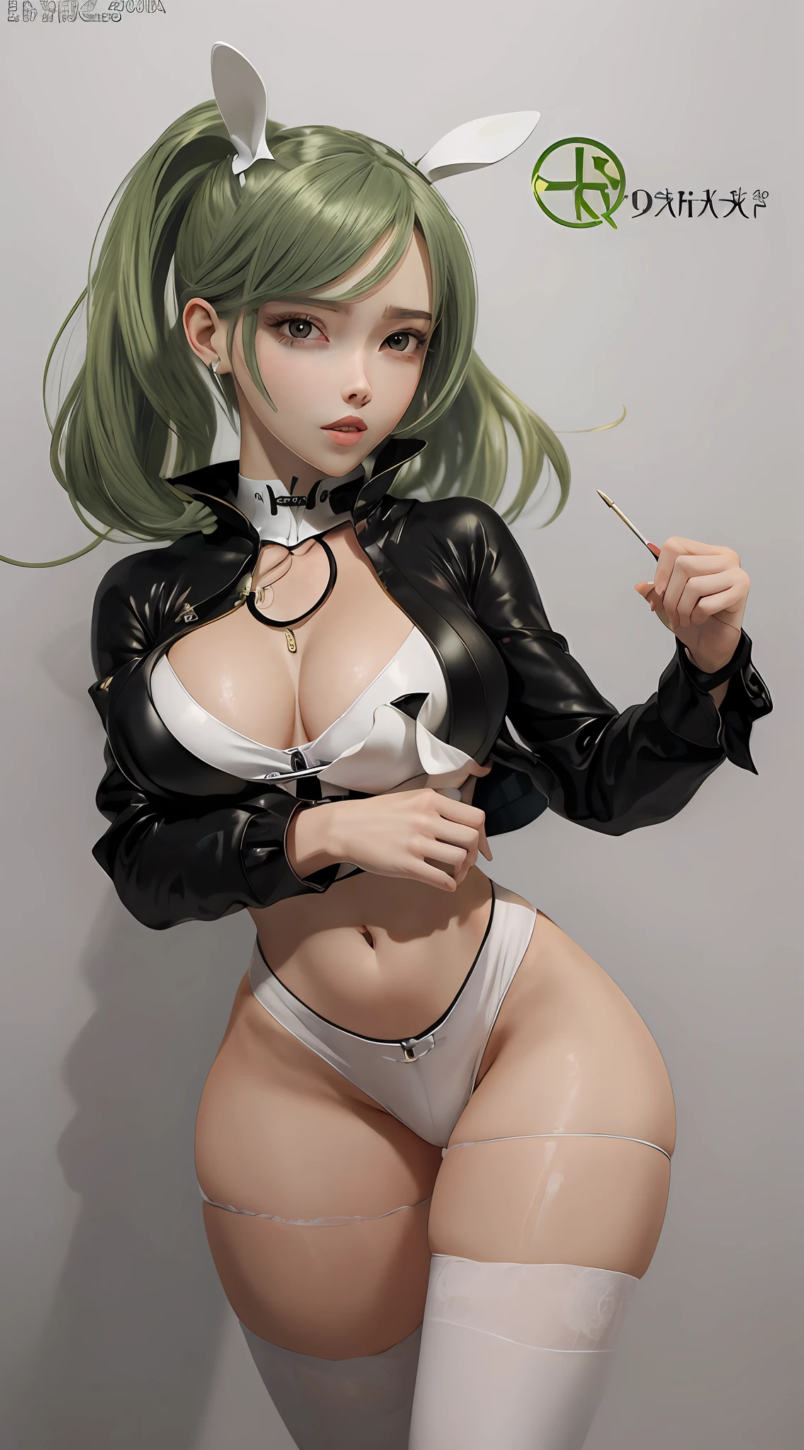 (obra-prima:1.4), (melhor qualidade), (detalhado) garota linda cabelo preto e branco e olhos verdes seio grande perna grossa bunda grande roupa apertada hentai