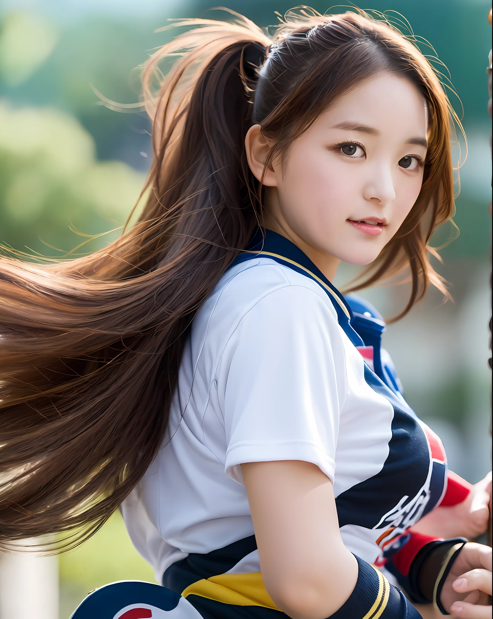Medium shot, baseball_uniform beautiful woman (very long hair, strong wind: 1.2), big, weapons, bat, slender body, delicate hands, playground, strong sunshine, (sharp focus, eye focus, top quality, realistic details, clear image, high resolution)