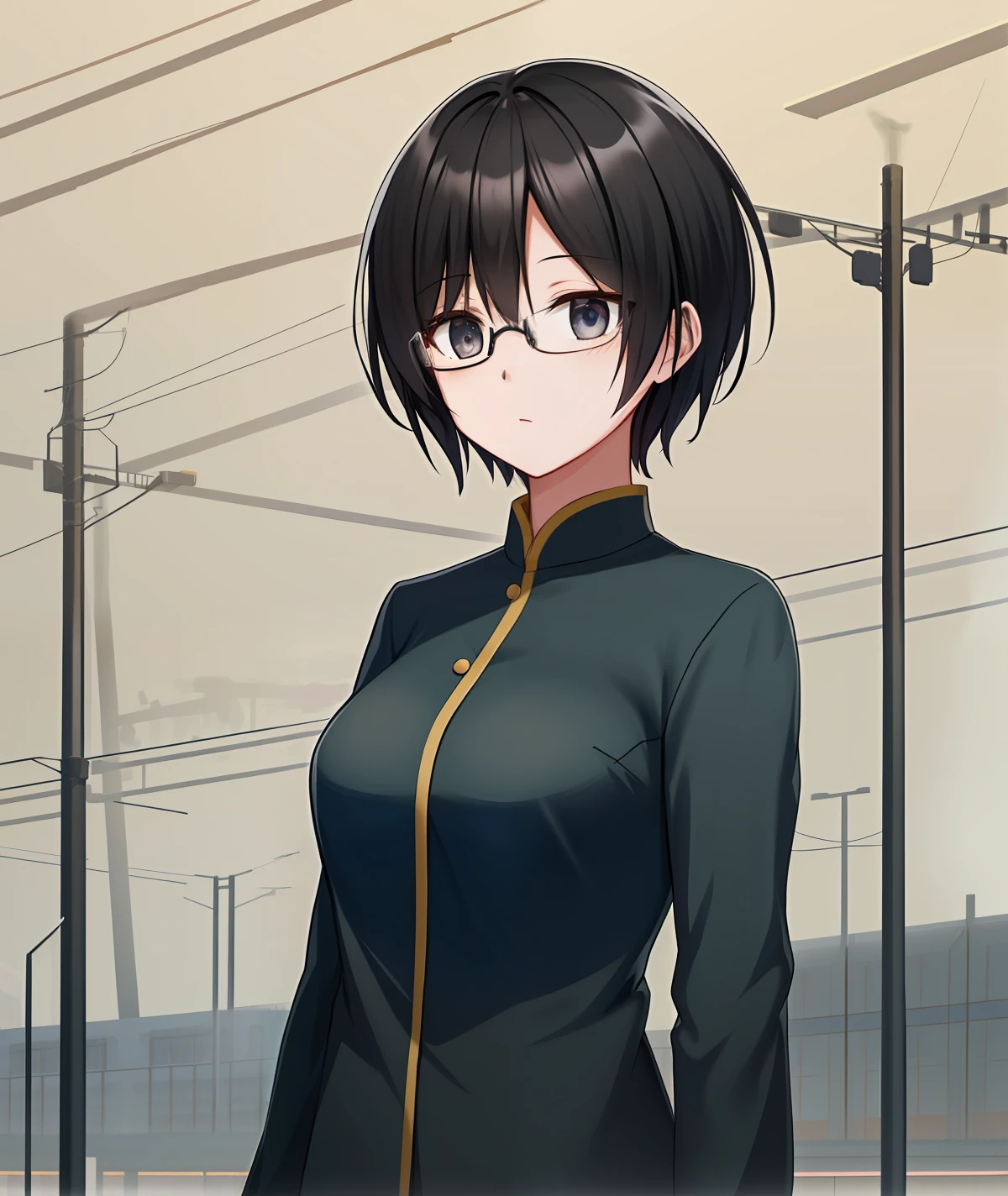 Glasses short hair animation style girl intellectually calm poor breasts Asian black hair on the flyover