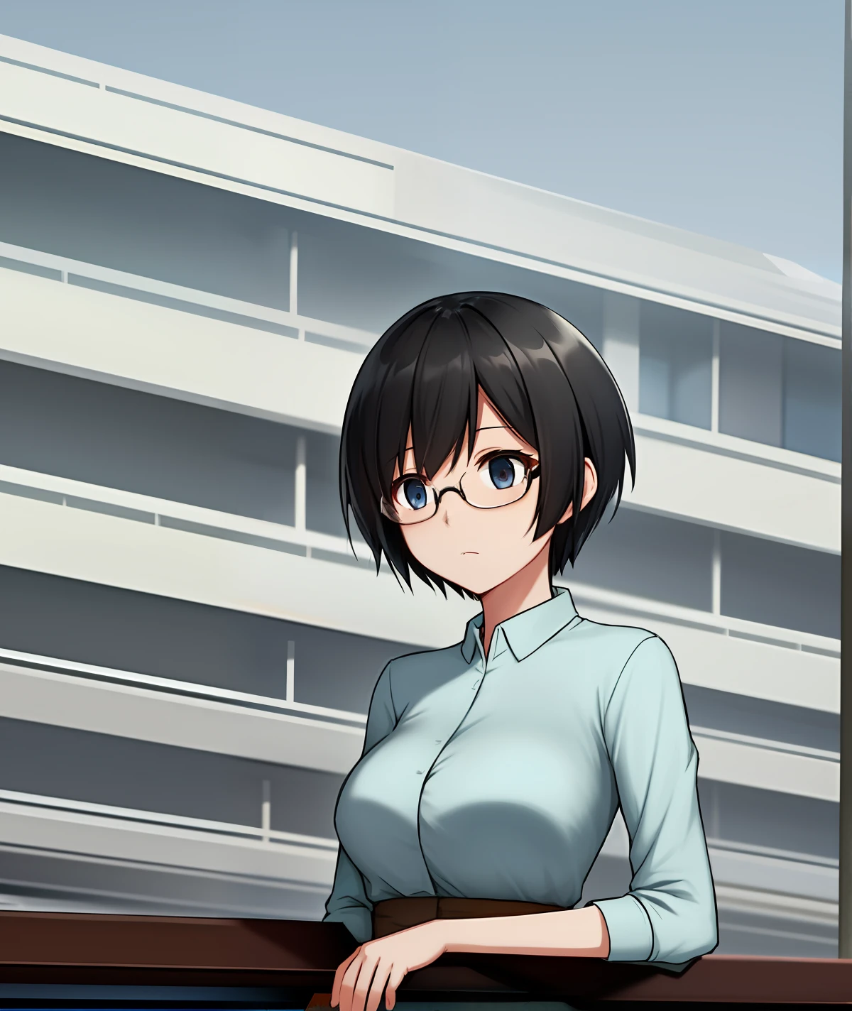 Glasses short hair animation style girl intellectually calm poor breasts Asian black hair on the flyover