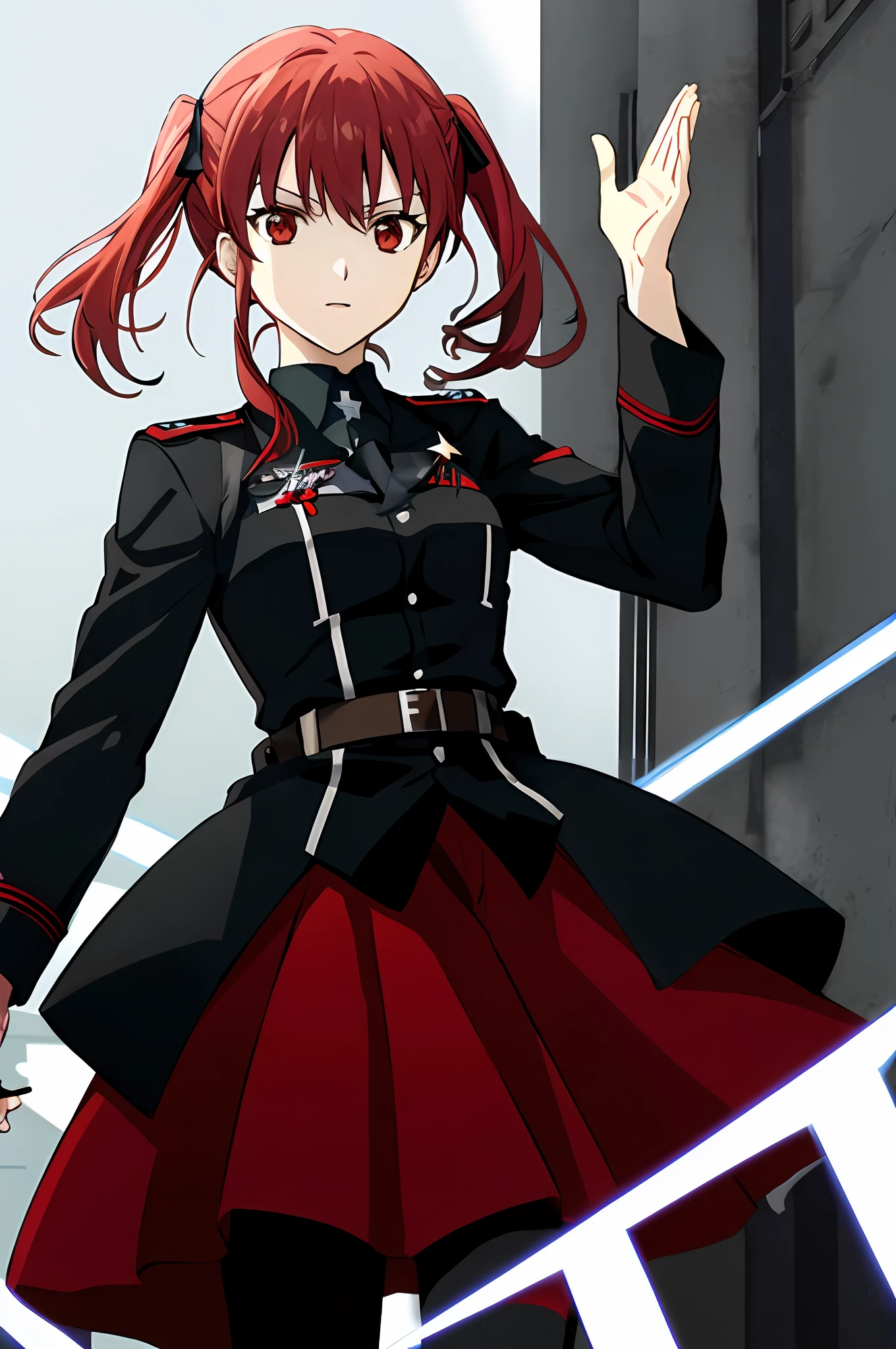 anime character dressed in uniform waving in front of a building, anime maid ss military, Female protagonist 👀 :8, redline anime movie style, Red Uniform, cushart krentz, Kantai collection style, Female action anime girl, Female protagonist, Marin Kitagawa fanart, girls frontline style, official character art, female anime character, wearing black uniform