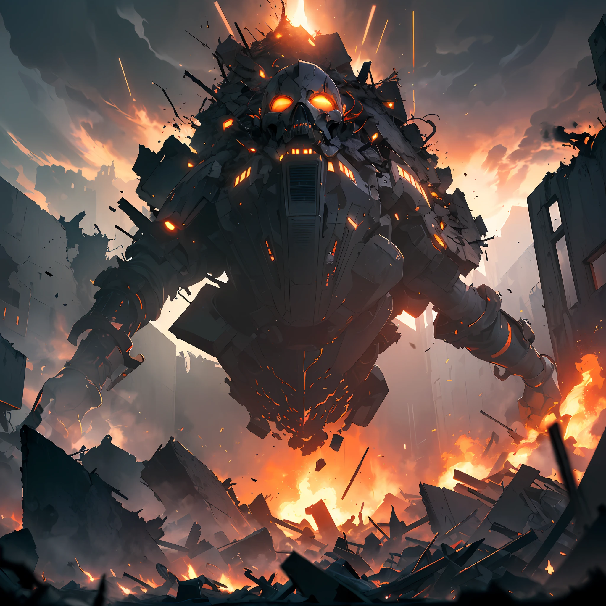 (The atmosphere of chaos and destruction:1.2, best quality, ultra-detailed CG, dramatic lighting:1.1, chaotic background, dark and gloomy, a figure hovering above the smoke and rubble:1.3, silhouette with distinct shadow:1.2, red and orange hues, dramatic pose, dynamic angle)